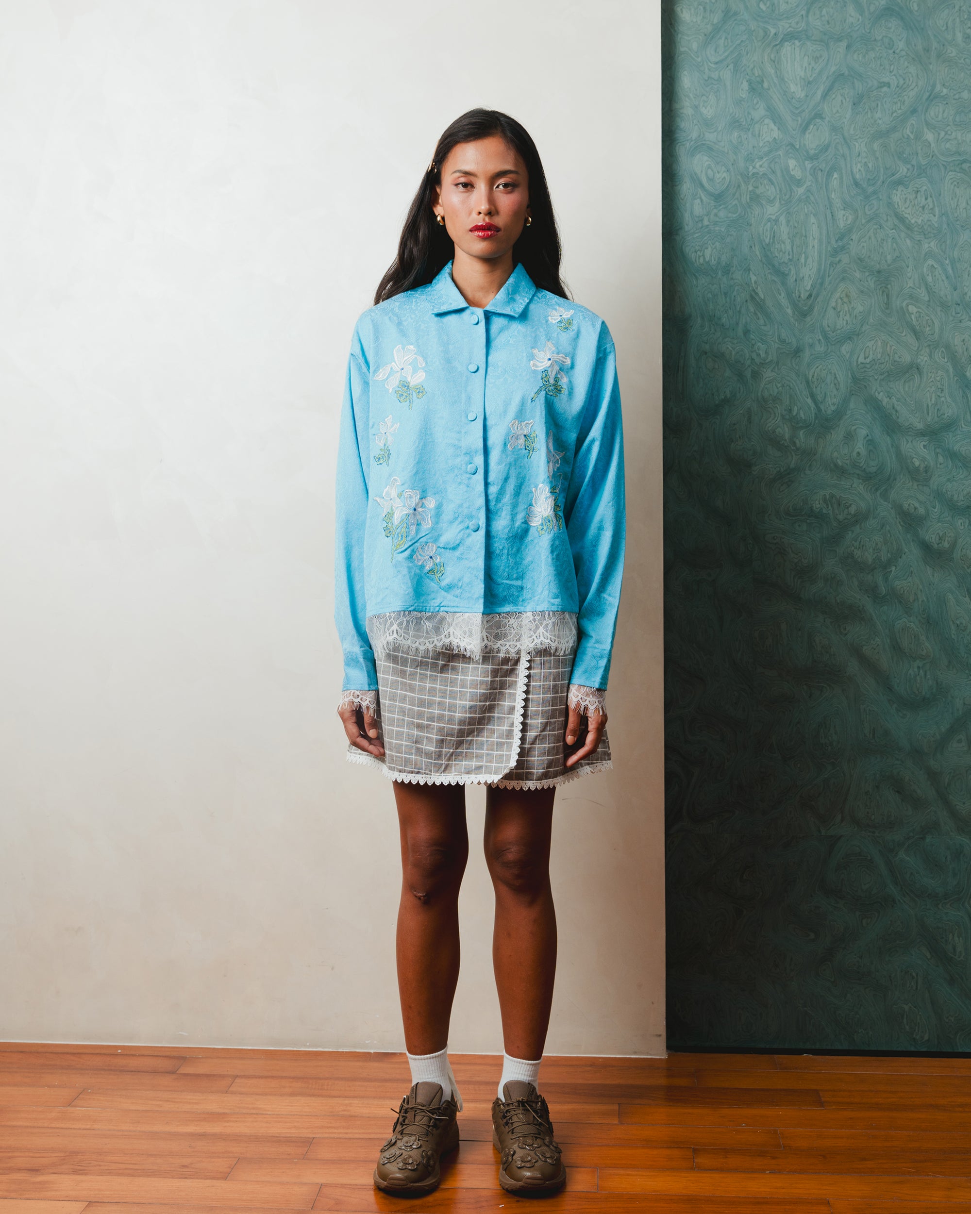 Petals Embroidery Shirt-Jacket Blue