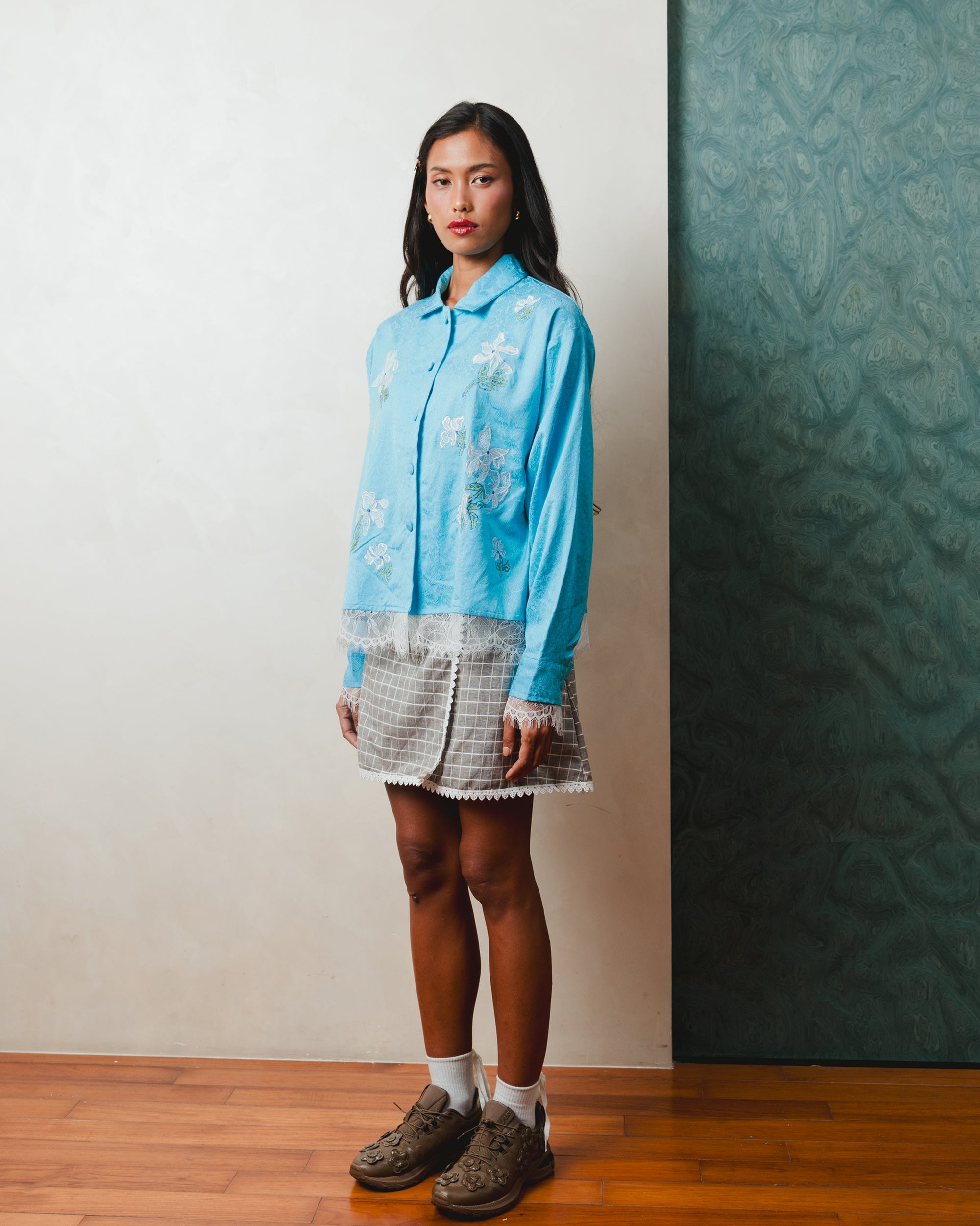 Petals Embroidery Shirt-Jacket Blue