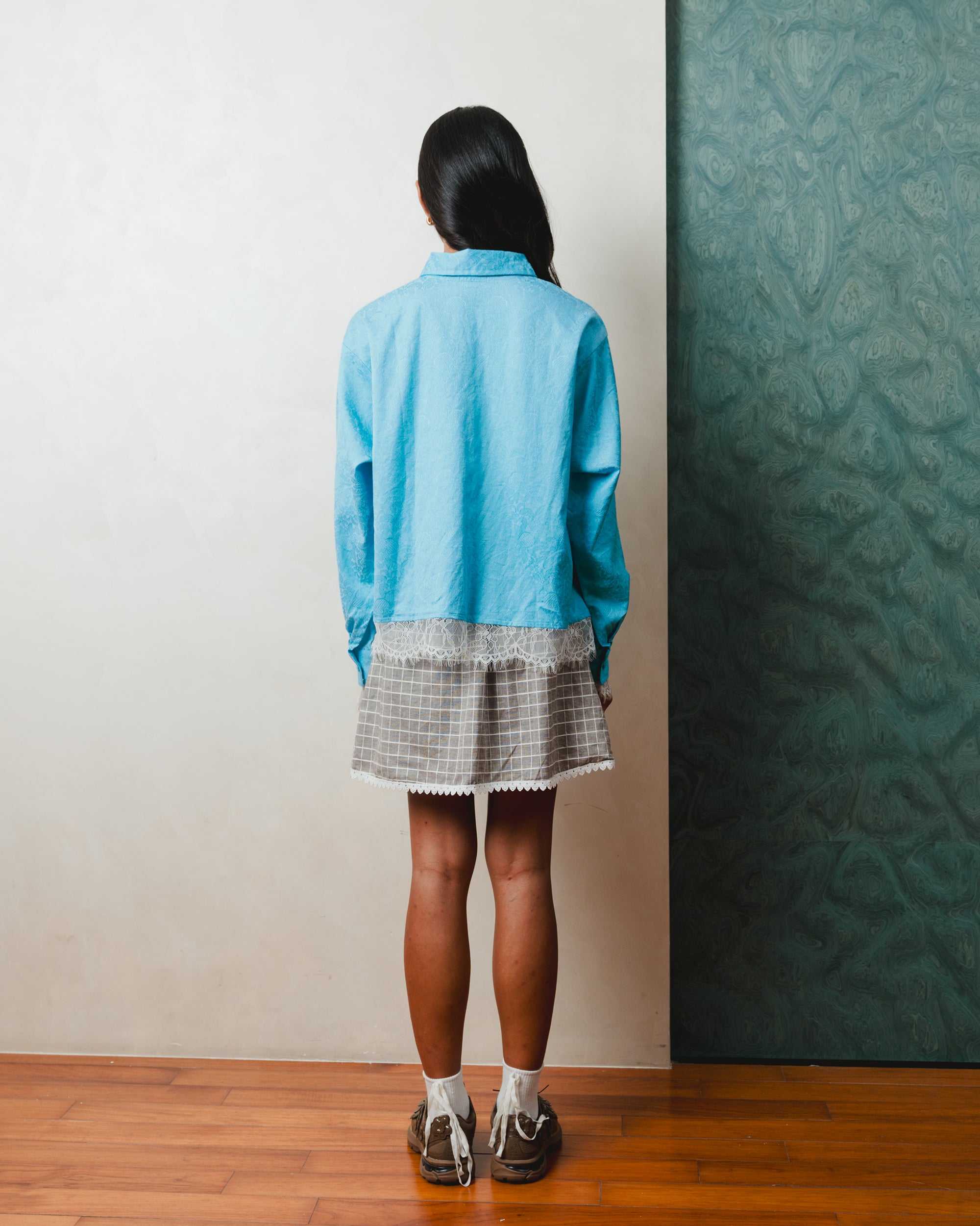 Petals Embroidery Shirt-Jacket Blue