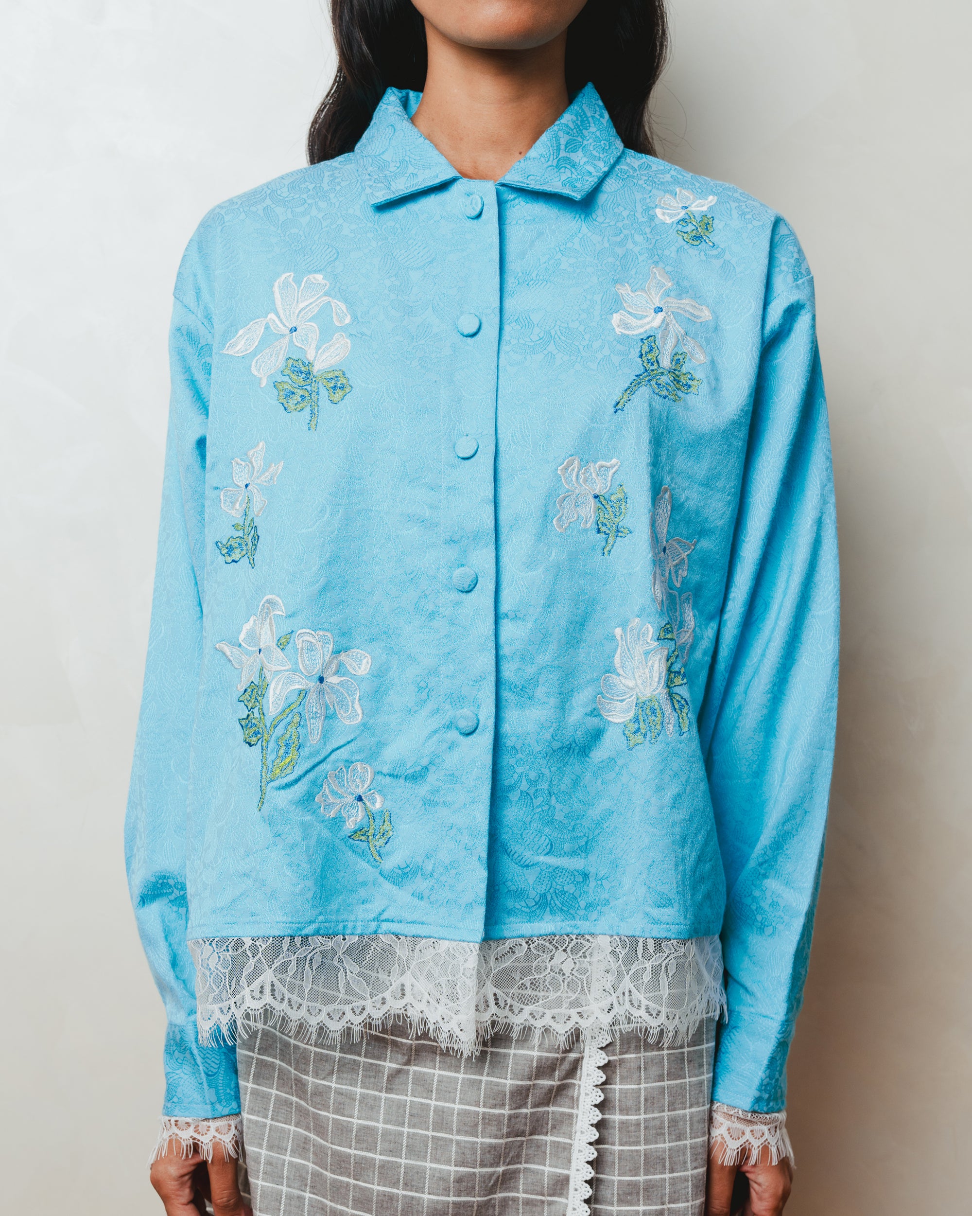 Petals Embroidery Shirt-Jacket Blue