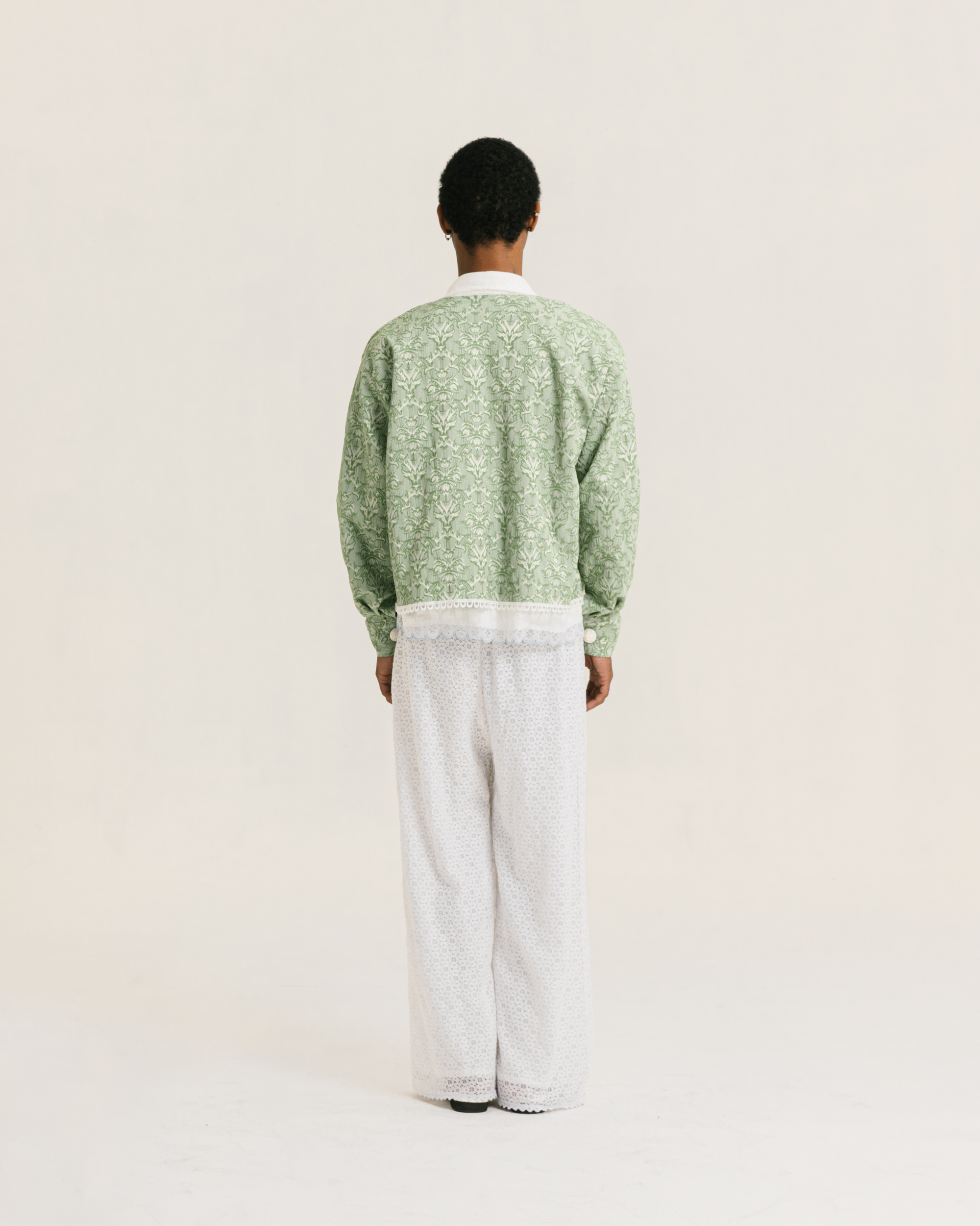 Image of Agatha Jacket Green, a relaxed fit jacket with a charming neckline, made from vintage jacquard fabric.