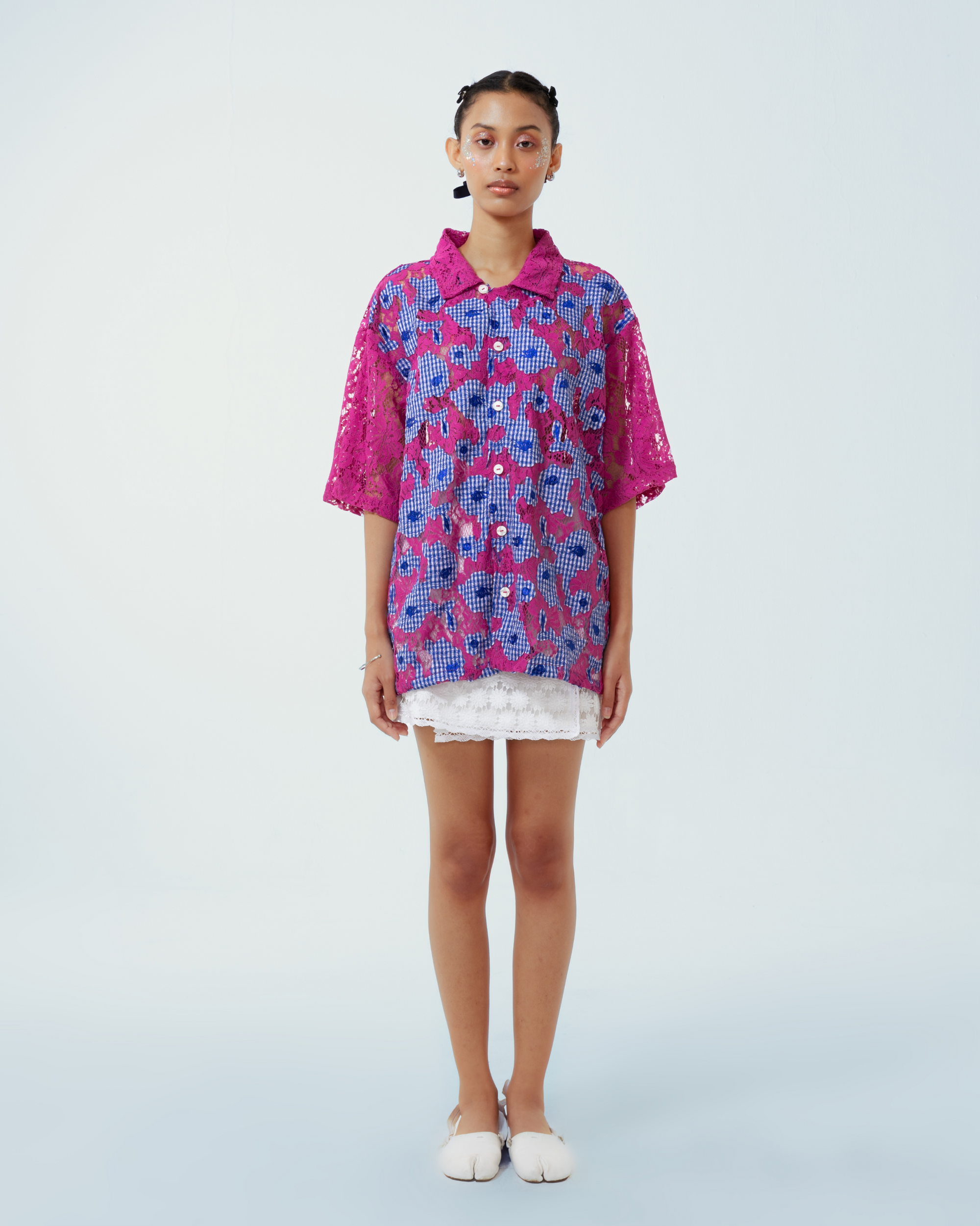 Image of Bonita Shirt, crafted from a vibrant deadstock cotton with intrecate embroidered lace