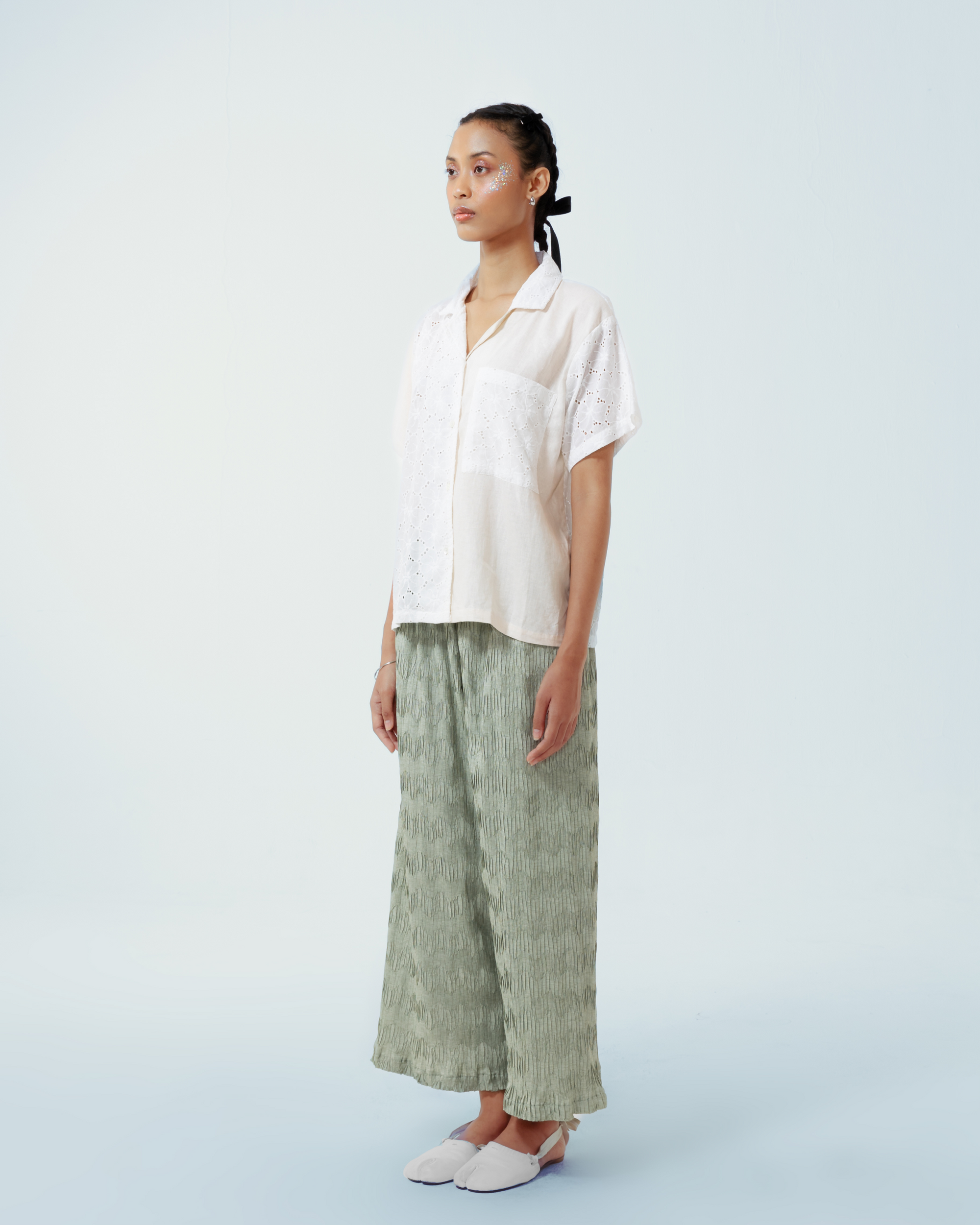Image of Isla Shirt, crafted from a blend of cotton lace and deadstock linen.