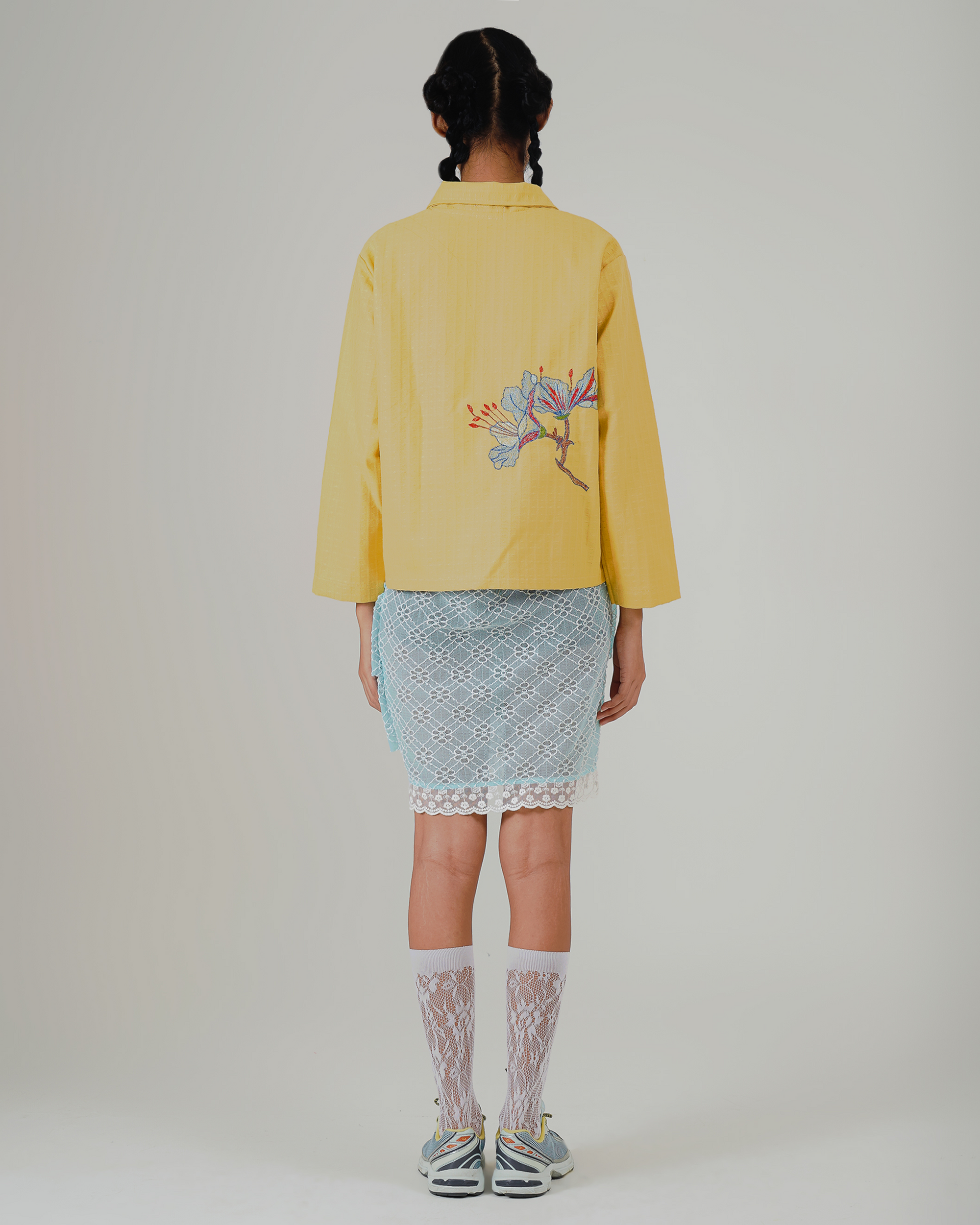 Image of Kintani Embroidery Jacket Yellow, a structured jacket made from linen twill, adorned with elegant flower embroidery.