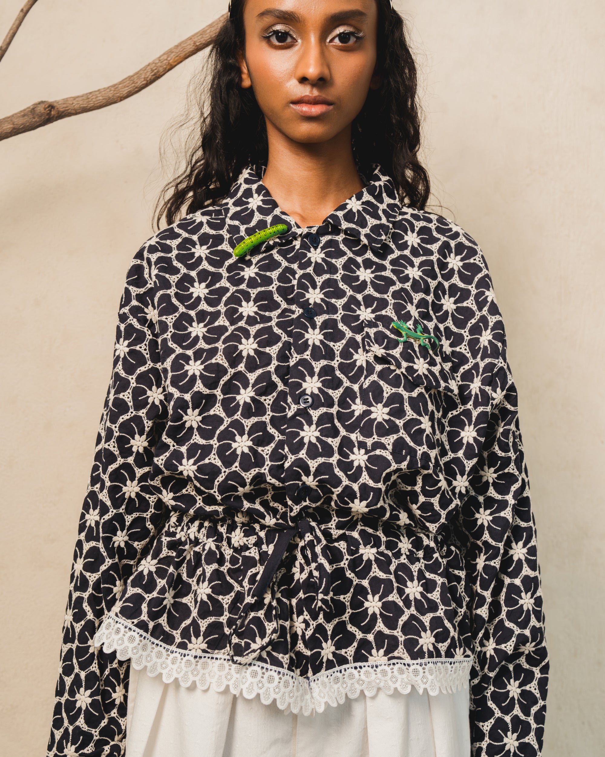 Image of Lou Embroidery Shirt-Jacket, a shirt-jacket with a tie detail at the waist.