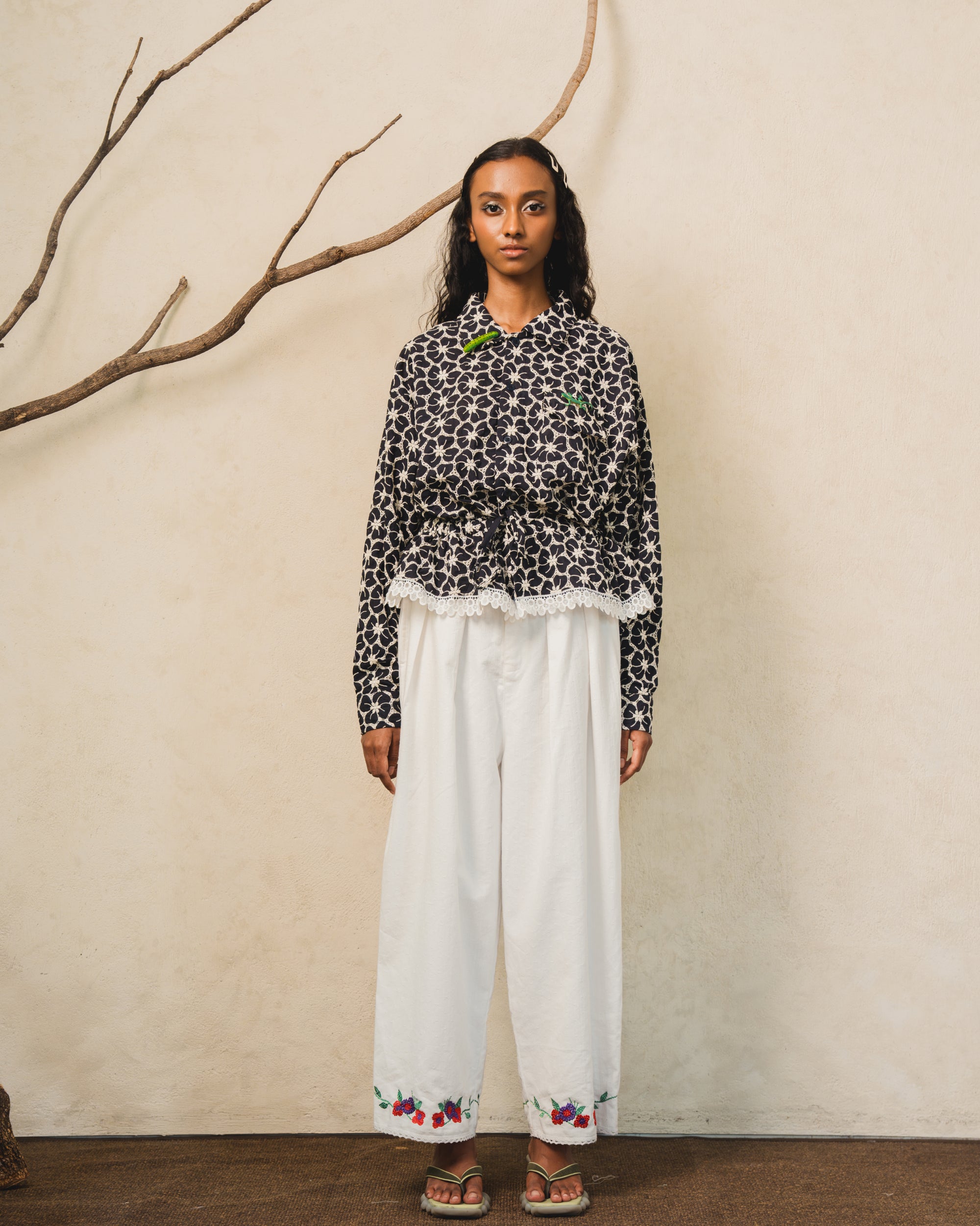Image of Lou Embroidery Shirt-Jacket, a shirt-jacket with a tie detail at the waist.