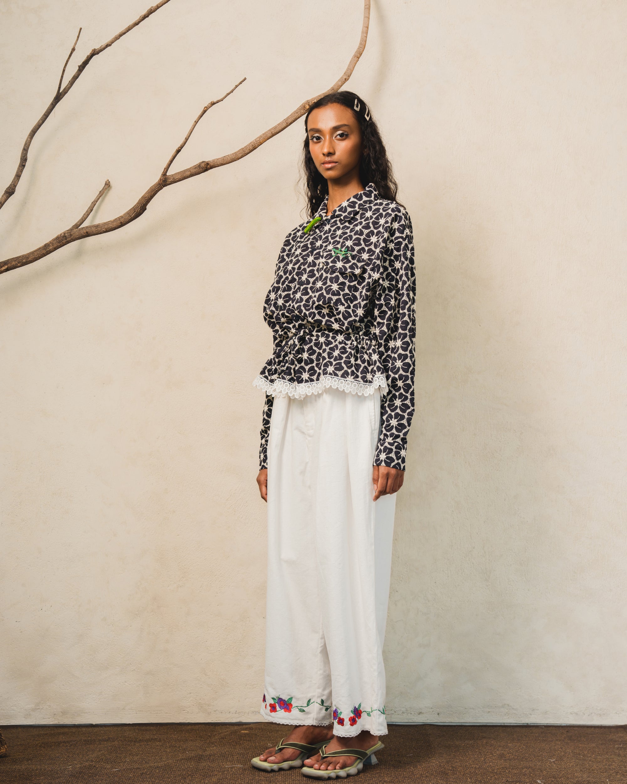 Image of Lou Embroidery Shirt-Jacket, a shirt-jacket with a tie detail at the waist.
