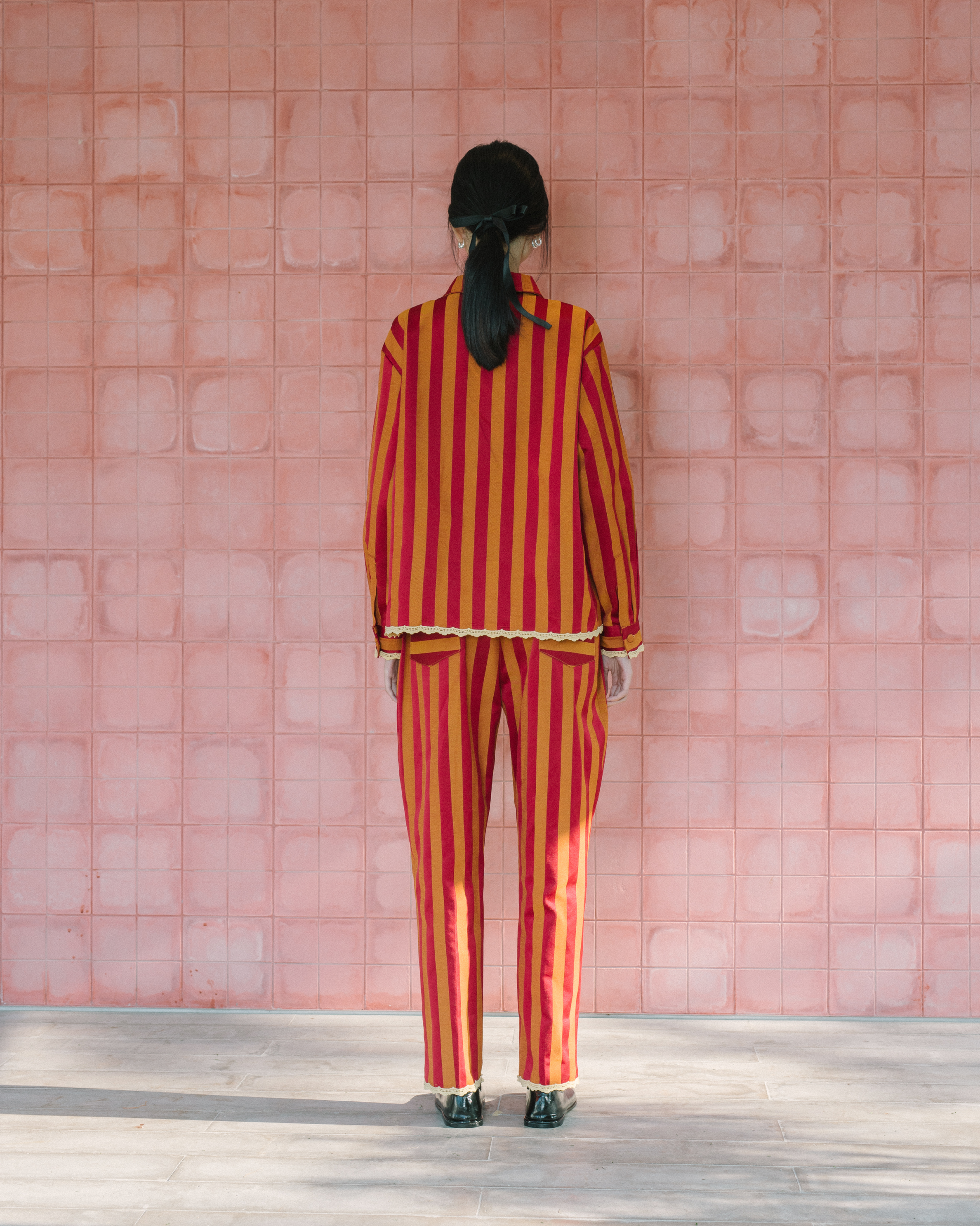 Image Sheldon Jacket, a unique jacket with a unique texture and color made from jacquard cotton adorned with delicate lace trim.