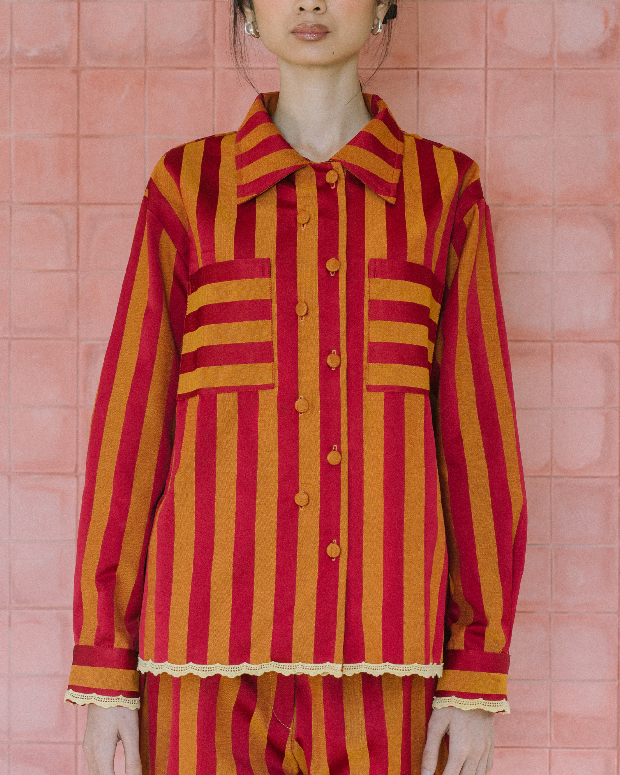 Image Sheldon Jacket, a unique jacket with a unique texture and color made from jacquard cotton adorned with delicate lace trim.