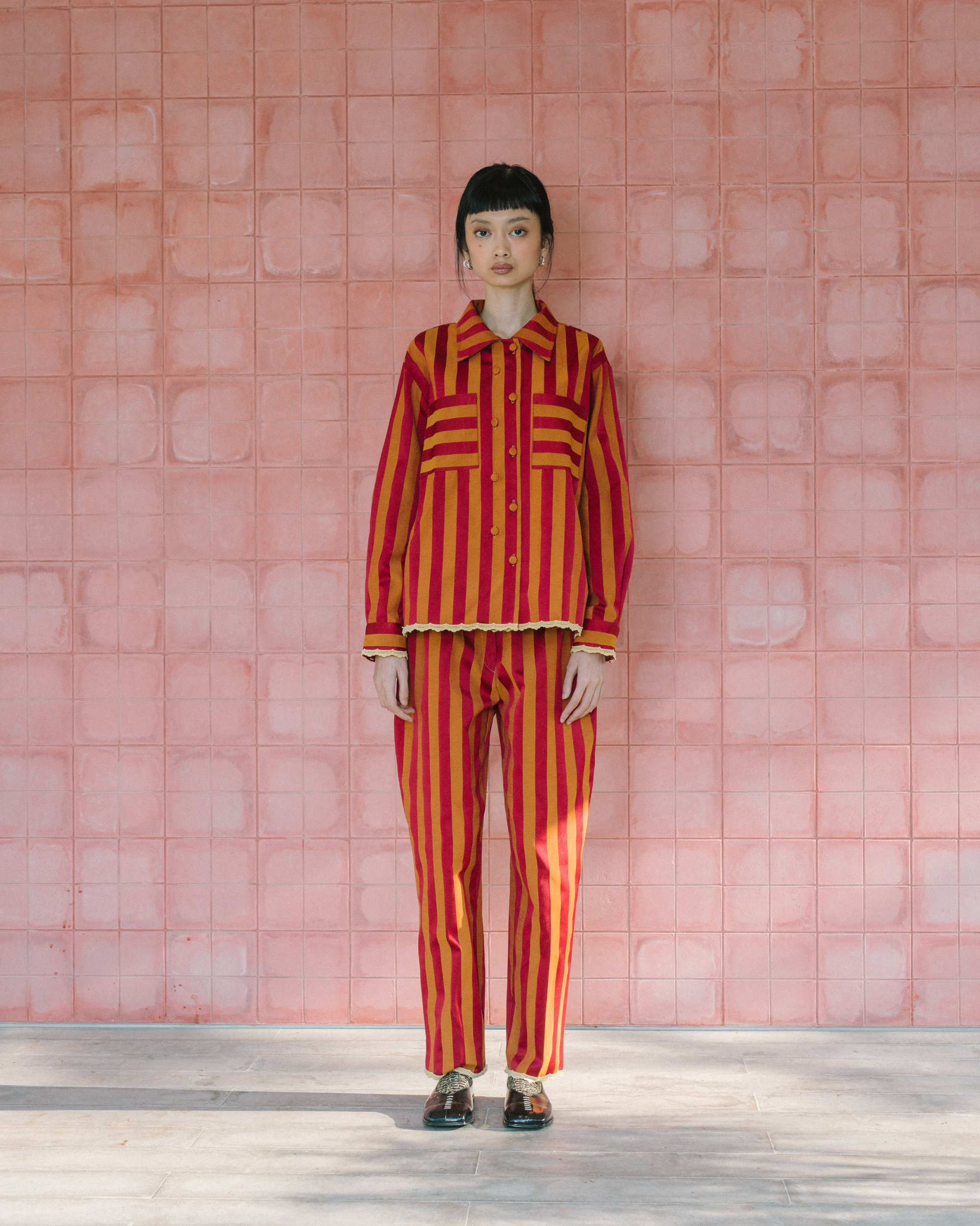 Image Sheldon Jacket, a unique jacket with a unique texture and color made from jacquard cotton adorned with delicate lace trim.