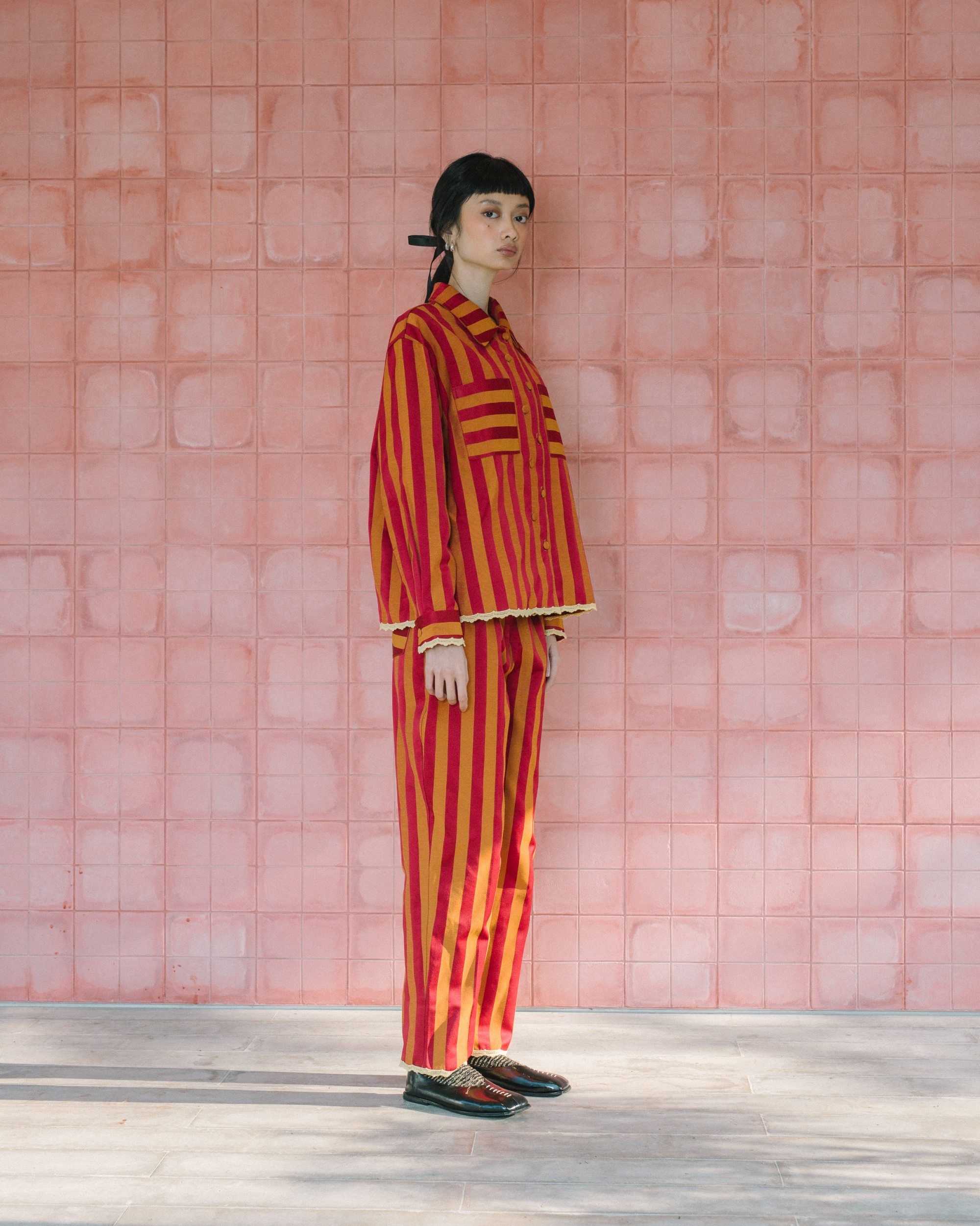 Image Sheldon Jacket, a unique jacket with a unique texture and color made from jacquard cotton adorned with delicate lace trim.