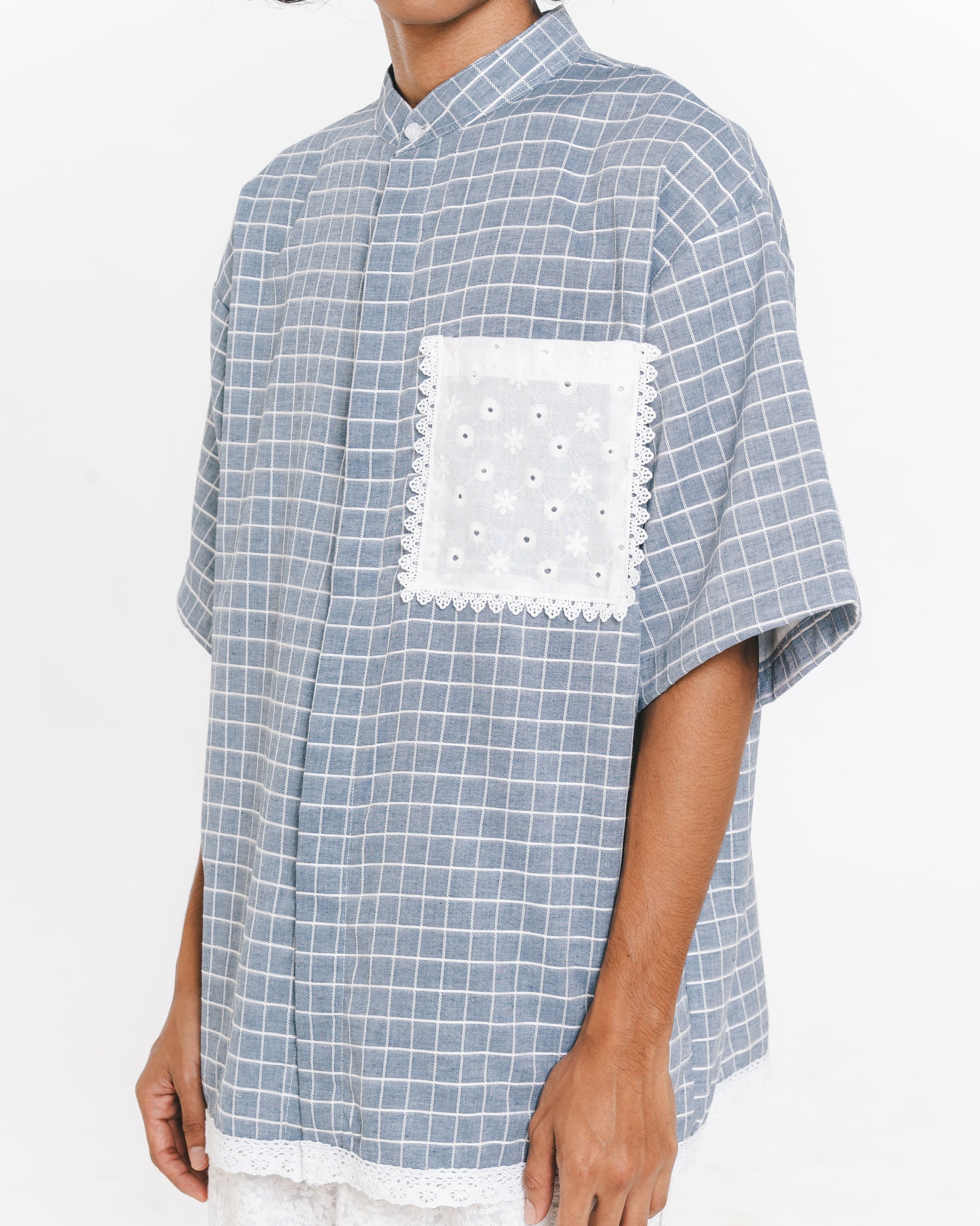 Image of Yorgo Koko Shirt Blue, a koko shirt for men, made from linen that features a lace pocket.