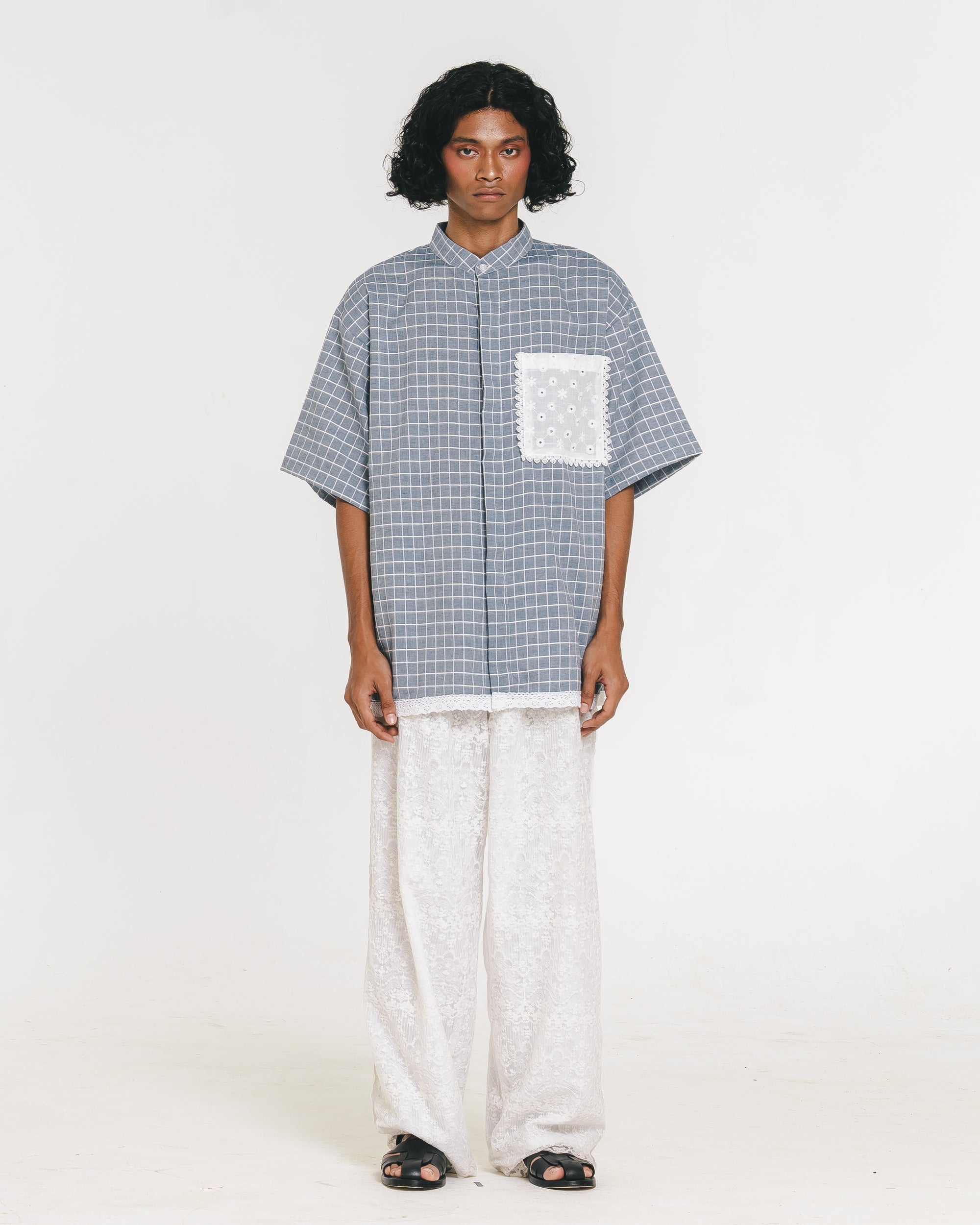 Image of Yorgo Koko Shirt Blue, a koko shirt for men, made from linen that features a lace pocket.