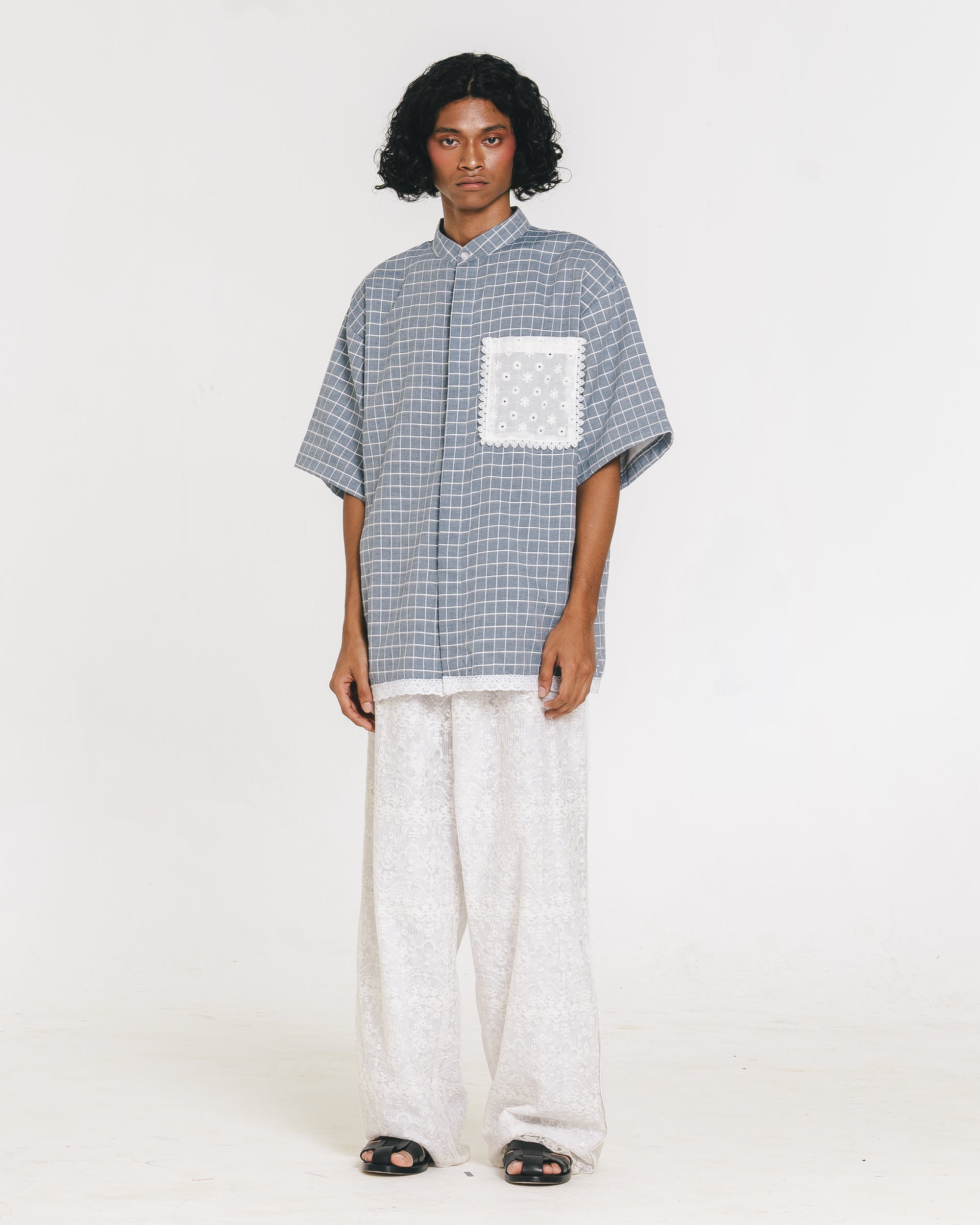 Image of Yorgo Koko Shirt Blue, a koko shirt for men, made from linen that features a lace pocket.