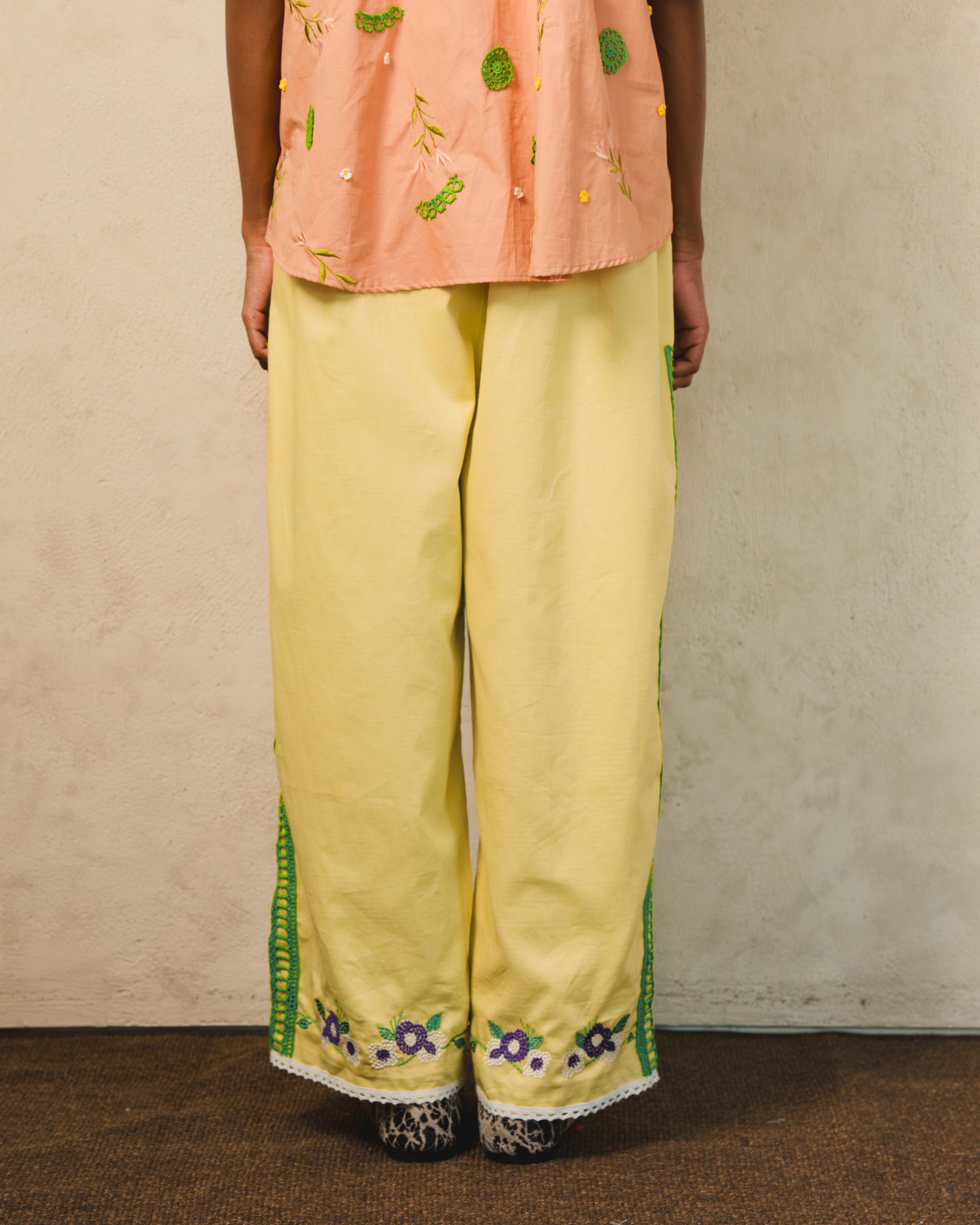 Image of Angela Embroidery Pants Lime, wide-leg pants with balloon fit.