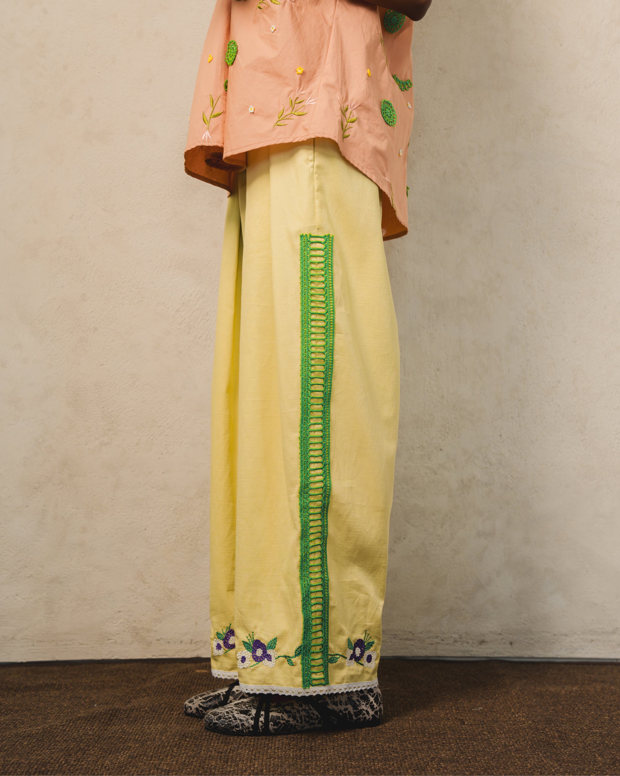 Image of Angela Embroidery Pants Lime, wide-leg pants with balloon fit.