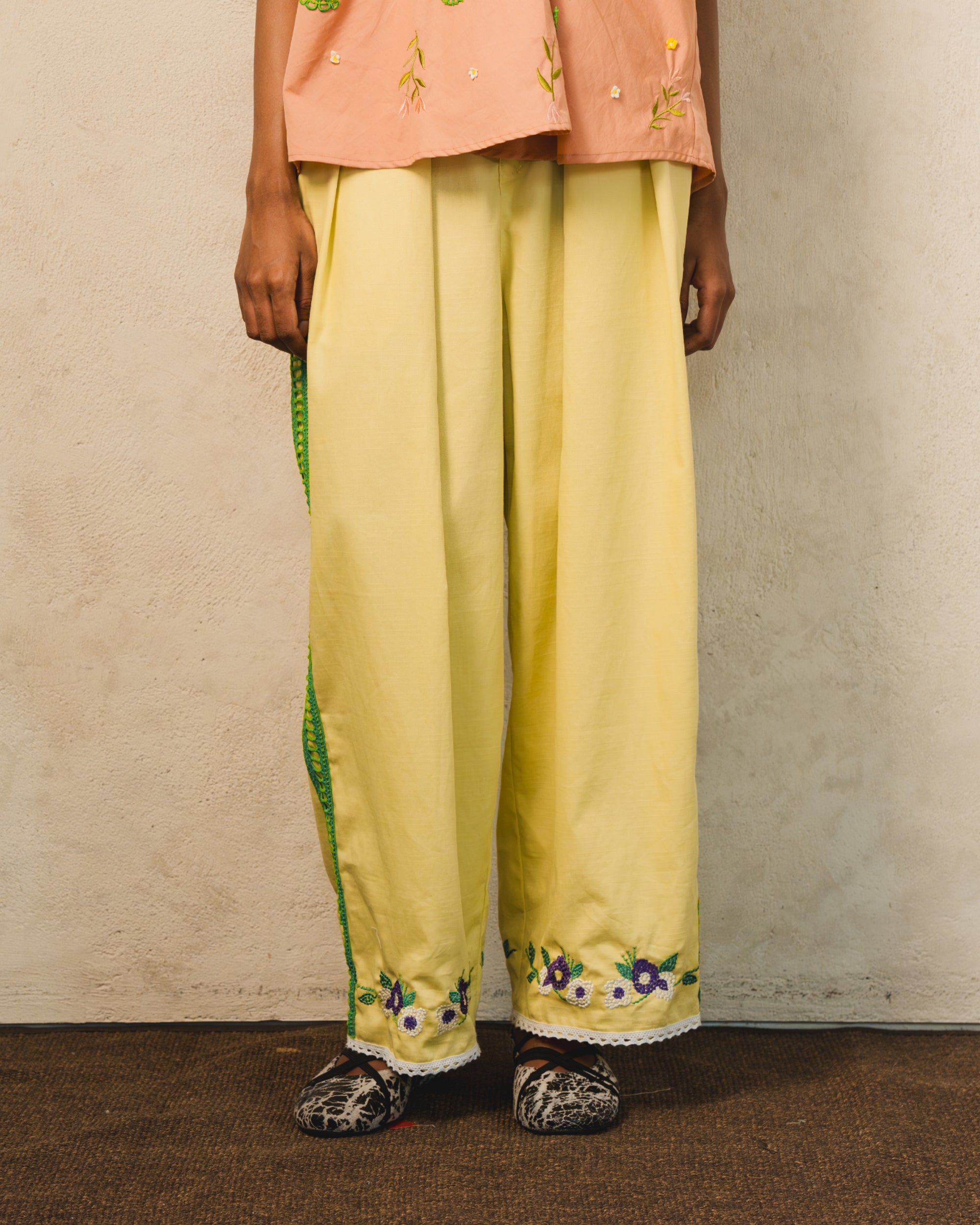 Image of Angela Embroidery Pants Lime, wide-leg pants with balloon fit.