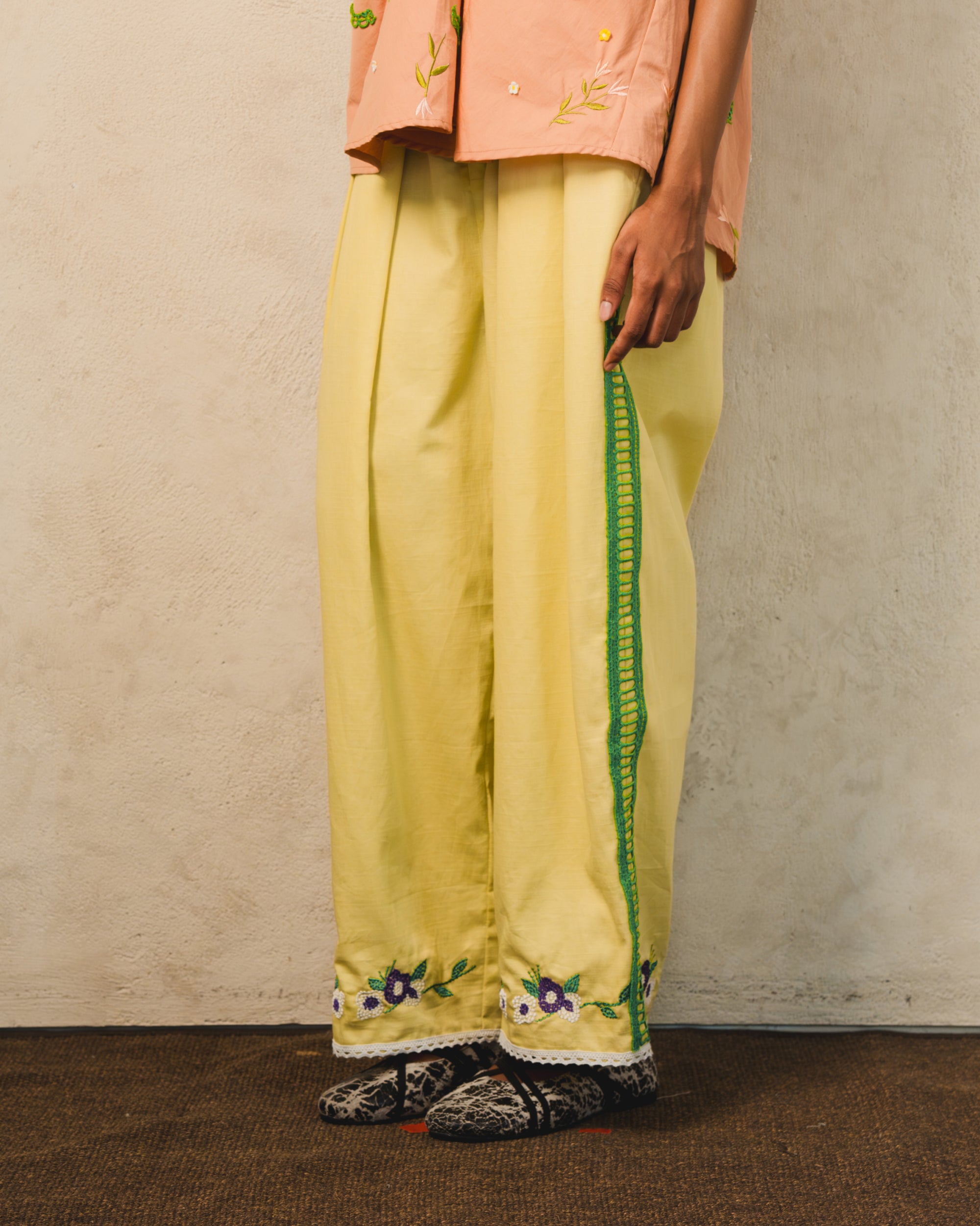 Image of Angela Embroidery Pants Lime, wide-leg pants with balloon fit.