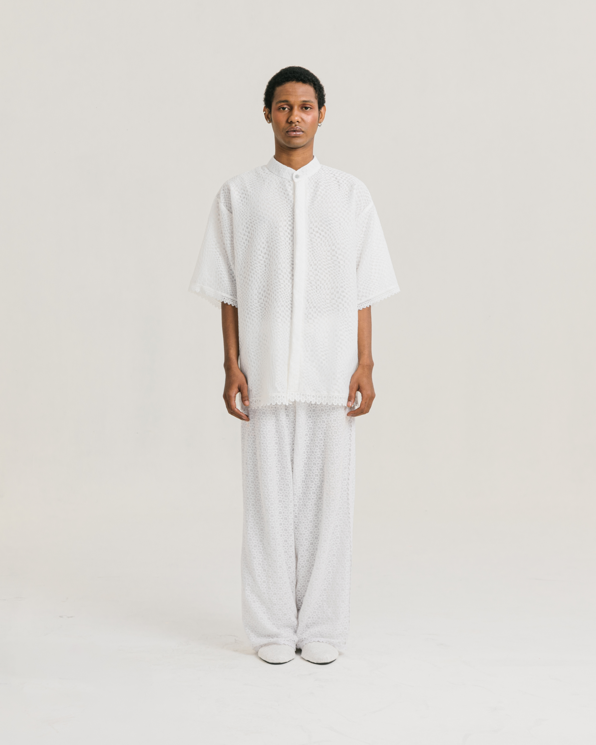 Image of Archie Koko Shirt White, an oversized koko shirt made from brocade with a cotton lining underneath.