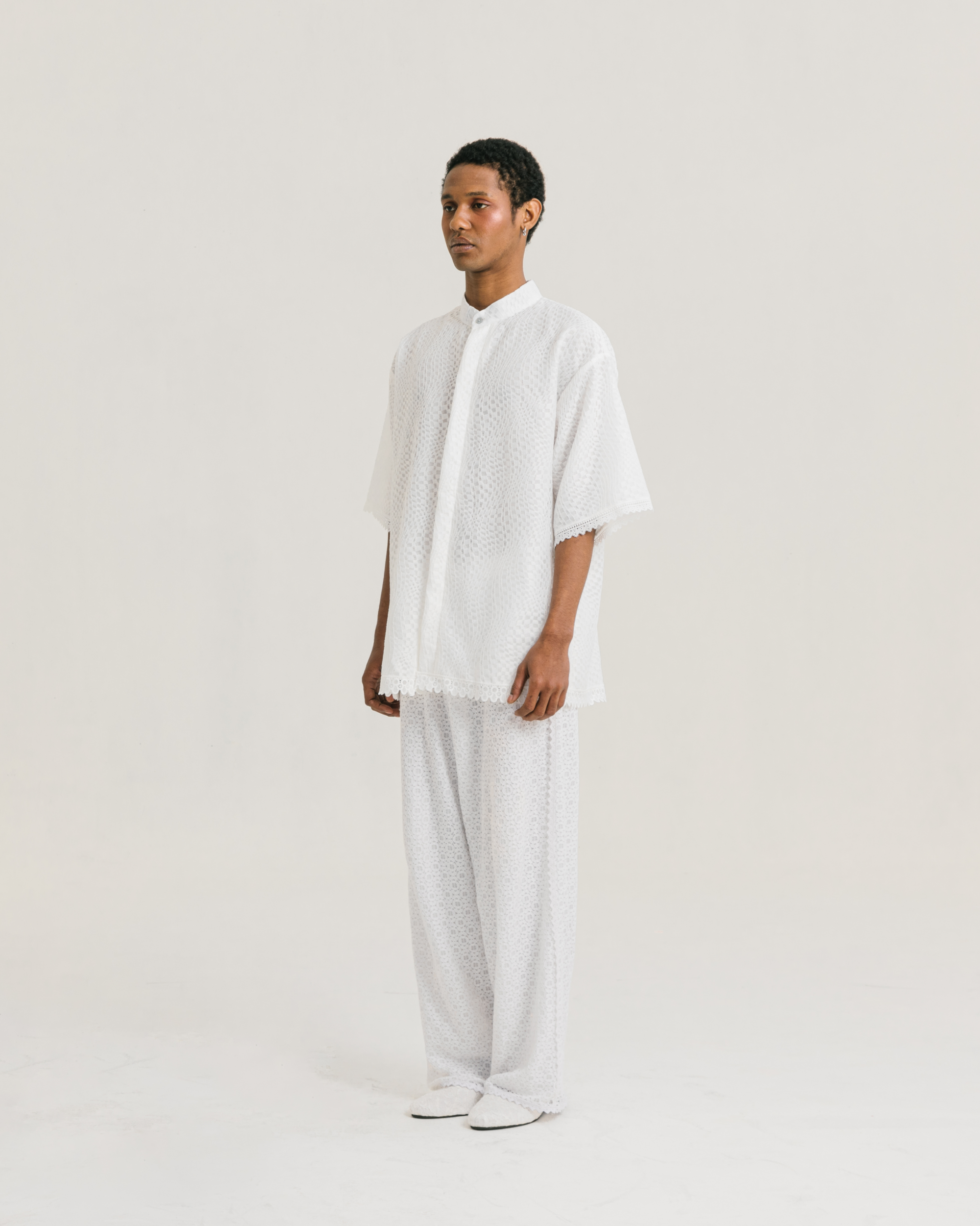 Image of Archie Koko Shirt White, an oversized koko shirt made from brocade with a cotton lining underneath.