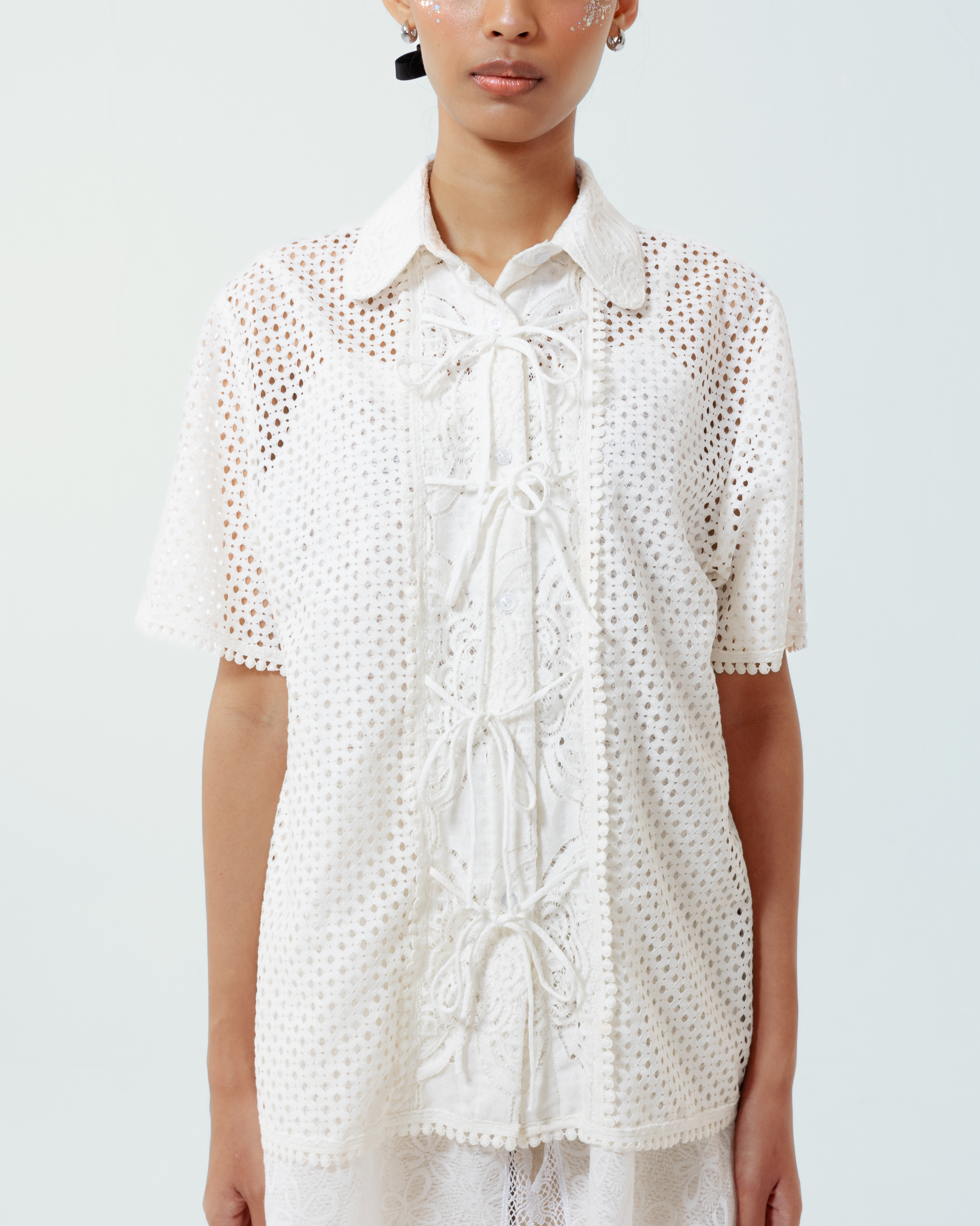 Image of Arco Shirt White Lace, crafted from deadstock cotton with deliicate lace.