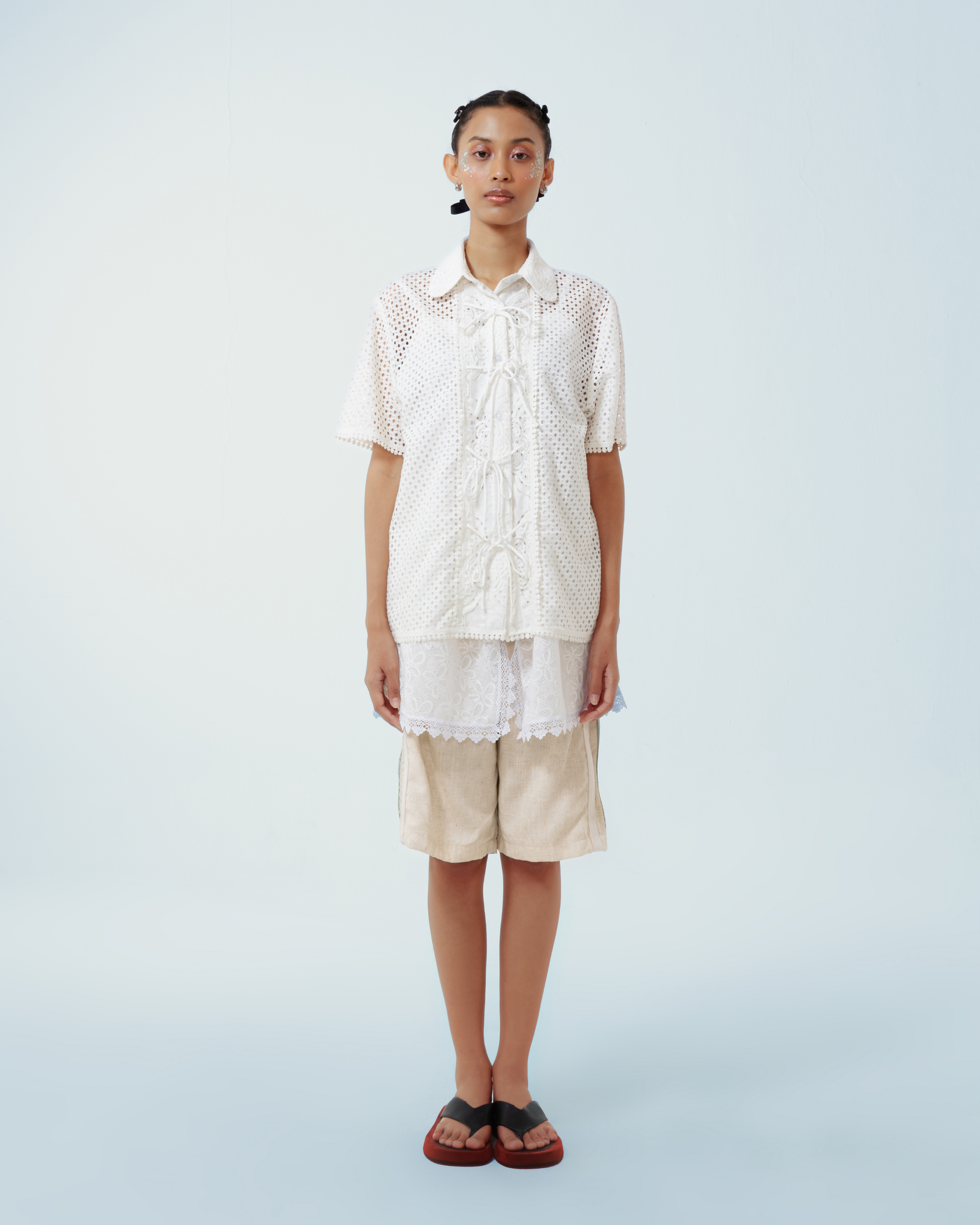 Image of Arco Shirt White Lace, crafted from deadstock cotton with deliicate lace.