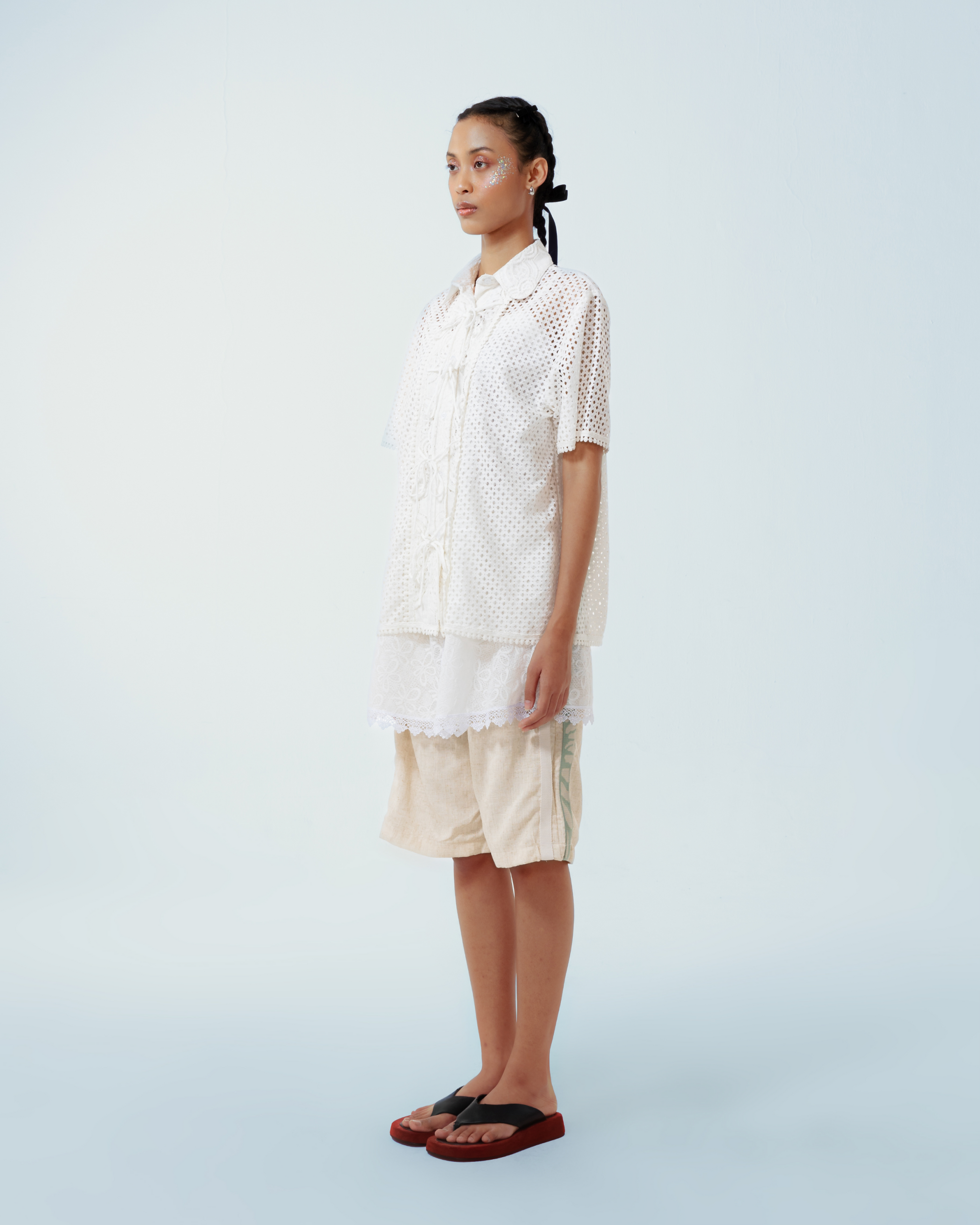 Image of Arco Shirt White Lace, crafted from deadstock cotton with deliicate lace.