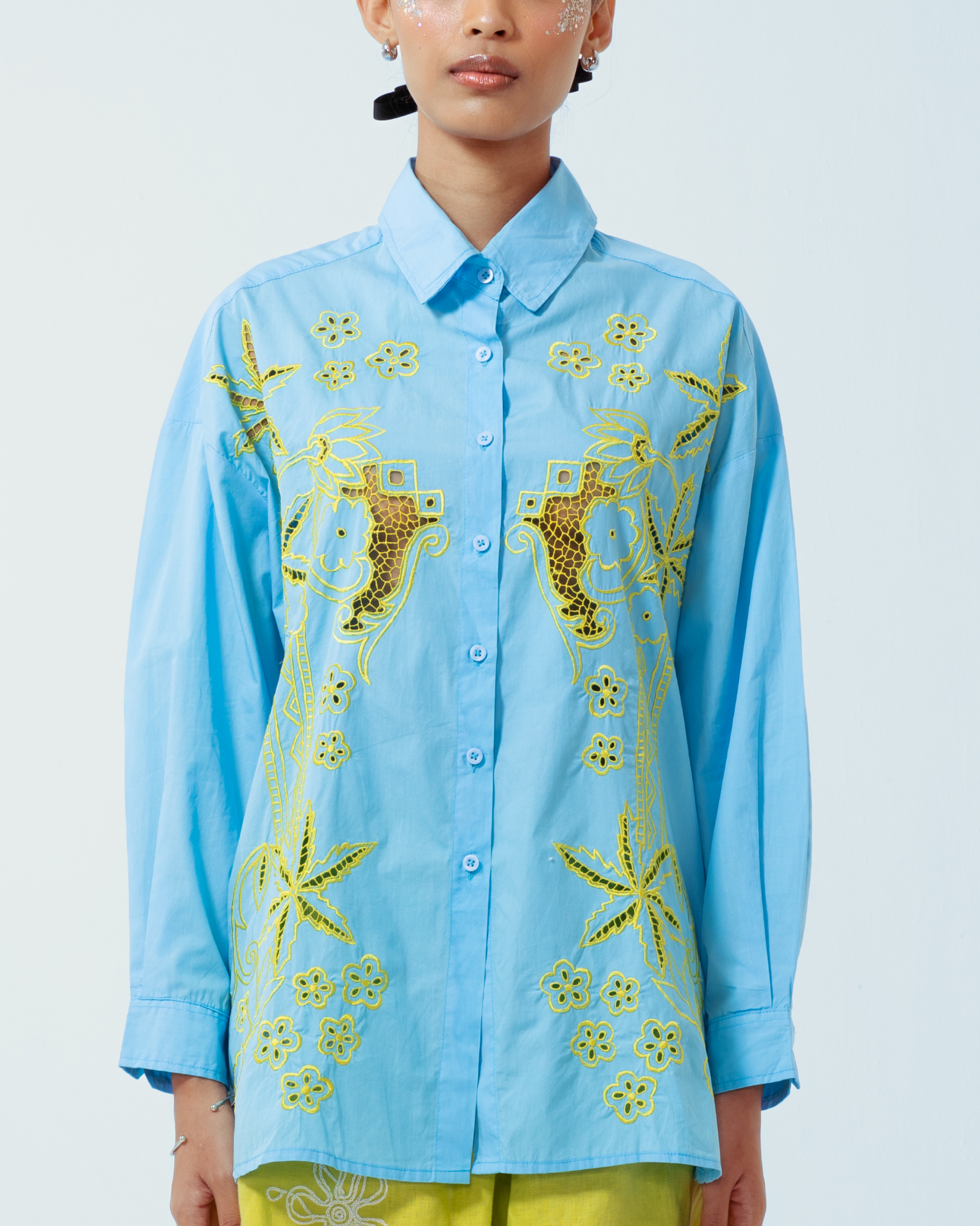 Image of Azul Longsleeve Shirt, a longsleeve shirt made from cotton poplin, adorned with hand-embroidery motifs inspired by kerawang embroidery.