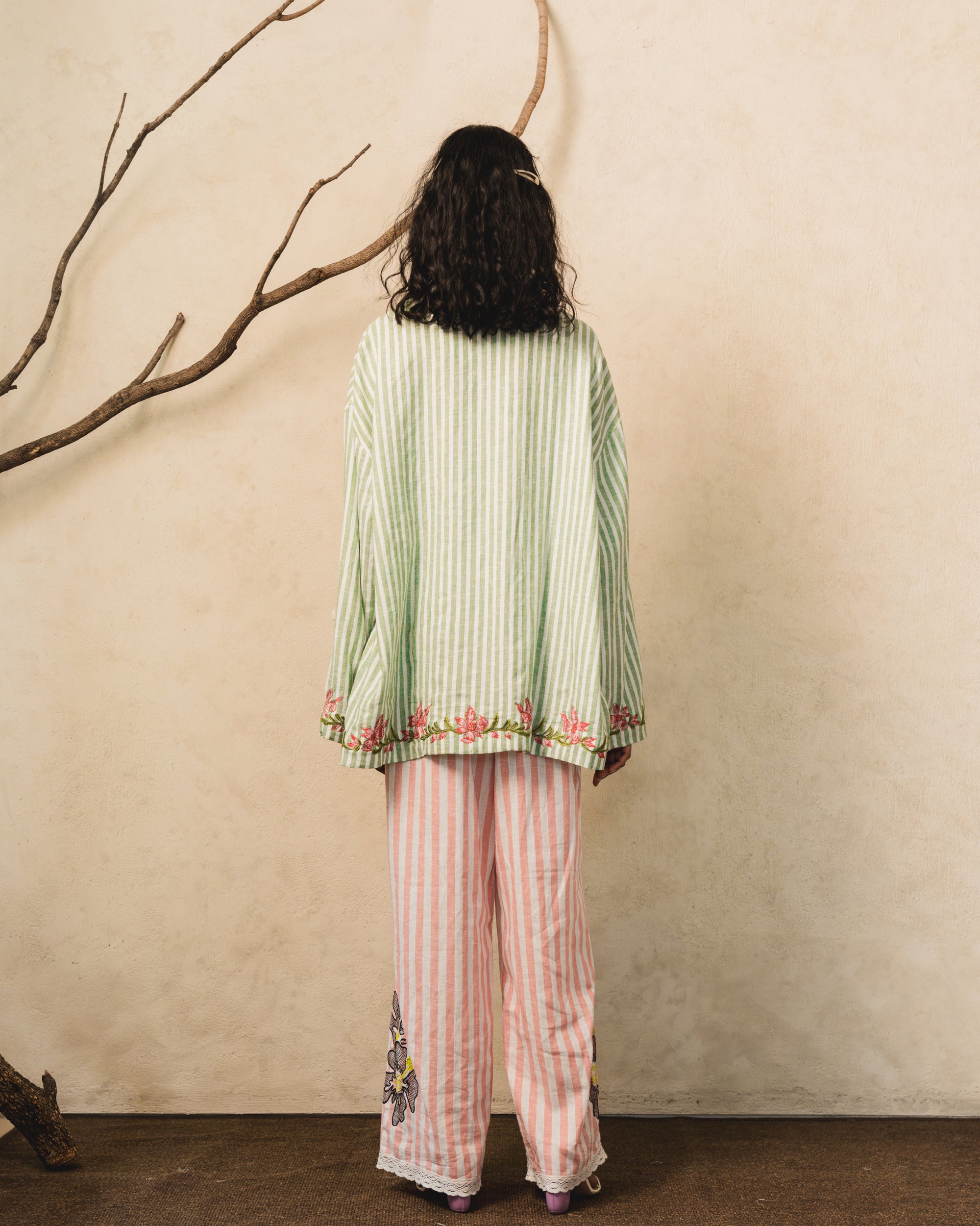 Image of Bara Stripes Shirt-Jacket, an oversized shirt-jacket made from embroidered linen.