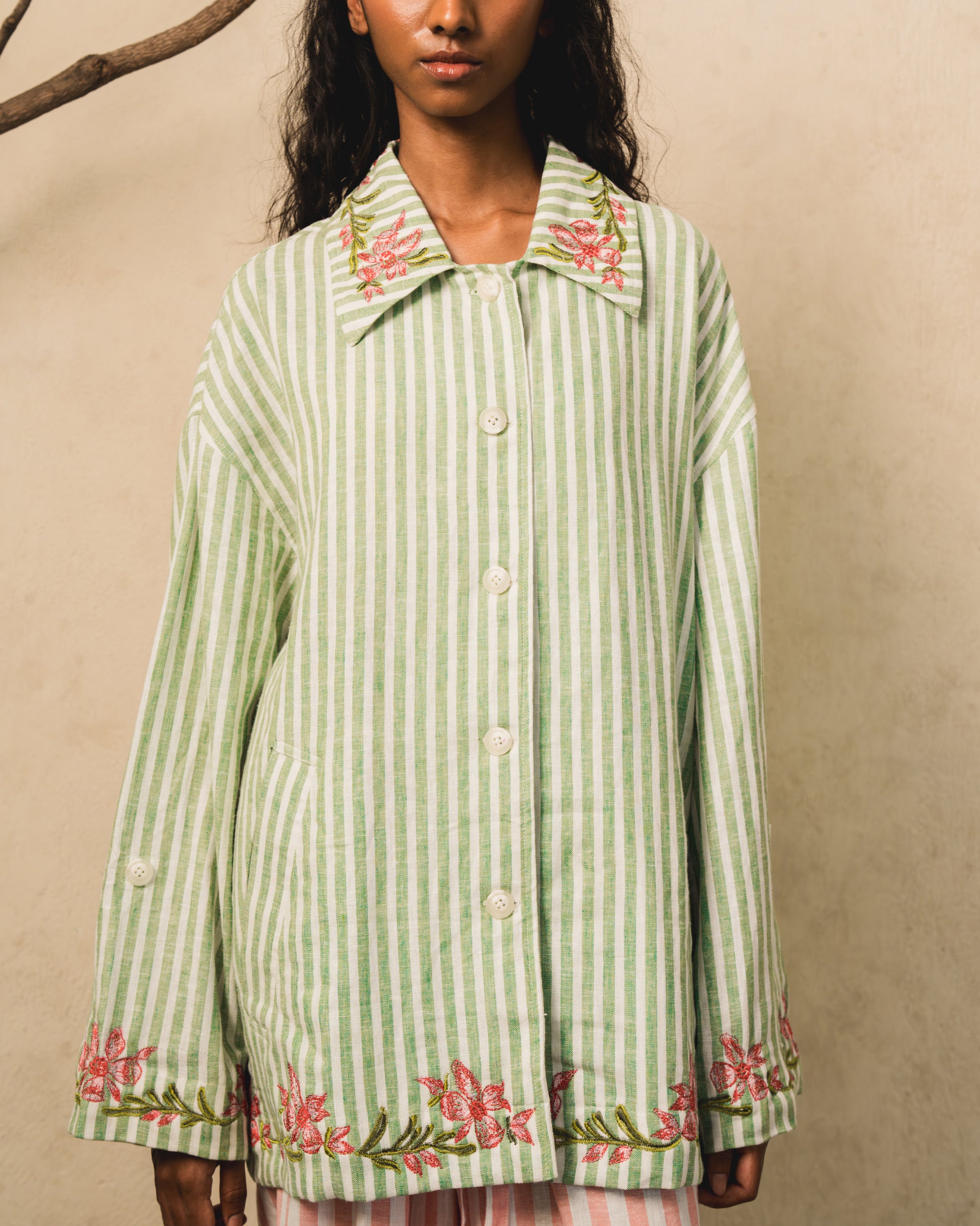 Image of Bara Stripes Shirt-Jacket, an oversized shirt-jacket made from embroidered linen.