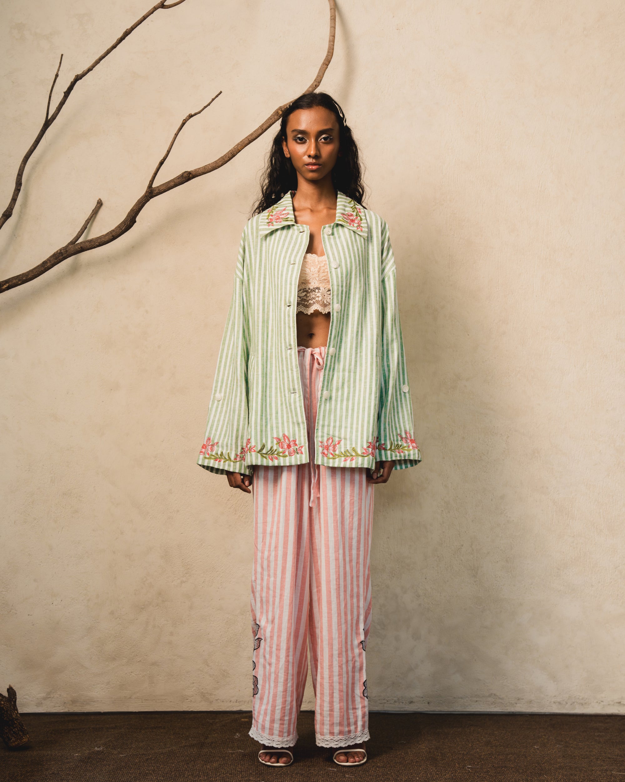 Image of Bara Stripes Shirt-Jacket, an oversized shirt-jacket made from embroidered linen.