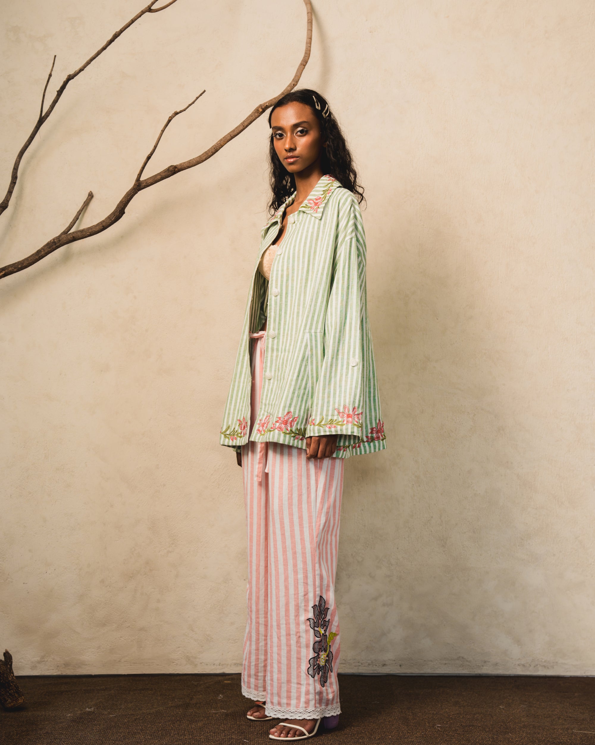 Image of Bara Stripes Shirt-Jacket, an oversized shirt-jacket made from embroidered linen.