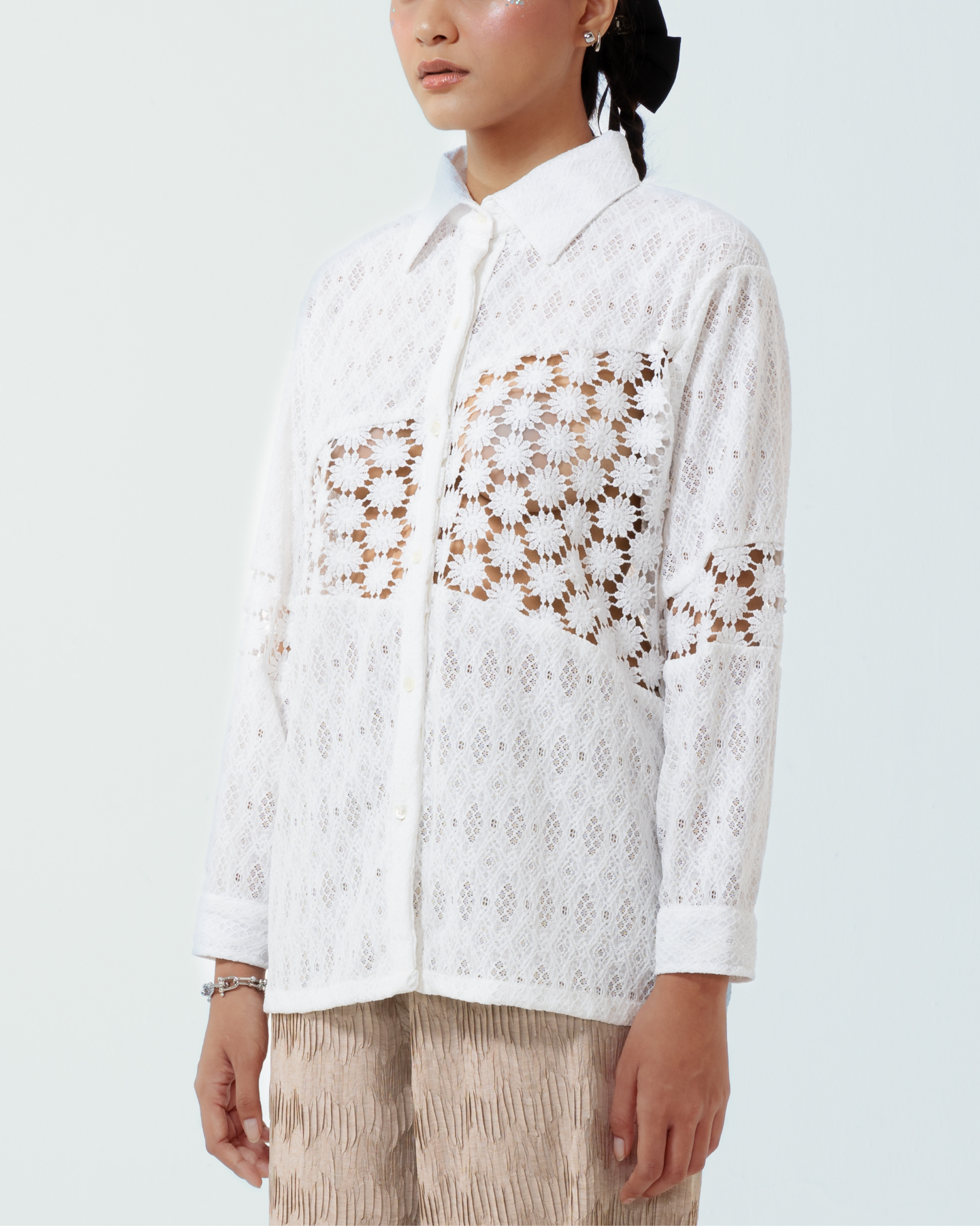 Image of Bianca Longsleeve Shirt, a longsleeve shirt made from brocade and cotton with a see-trough cutout details on the front.