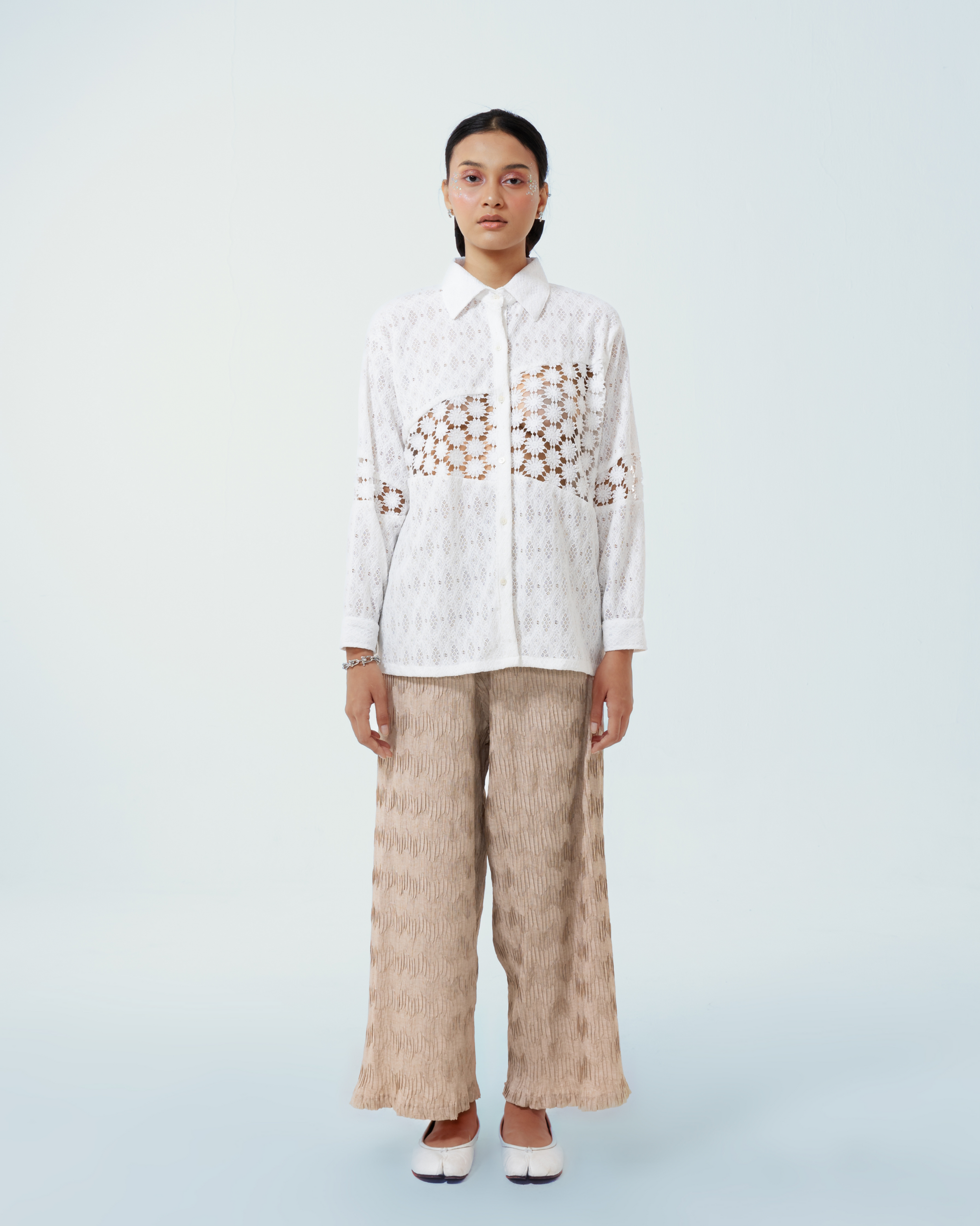 Image of Bianca Longsleeve Shirt, a longsleeve shirt made from brocade and cotton with a see-trough cutout details on the front.