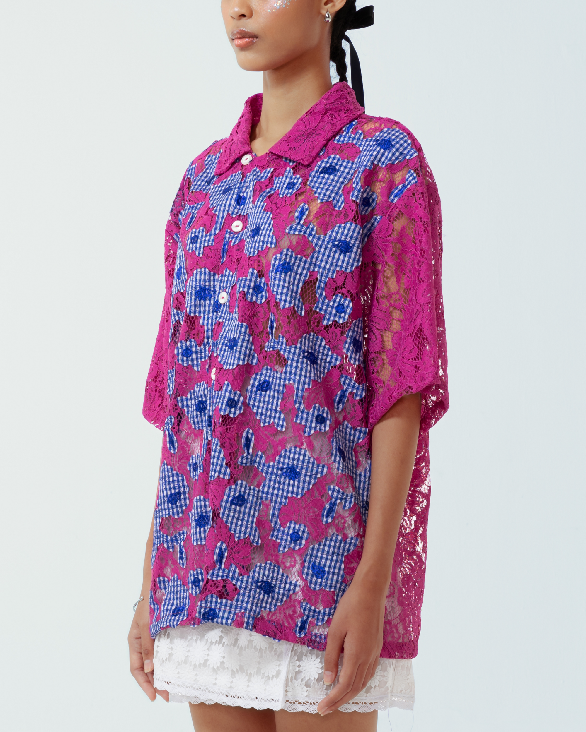 Image of Bonita Shirt, crafted from a vibrant deadstock cotton with intrecate embroidered lace 