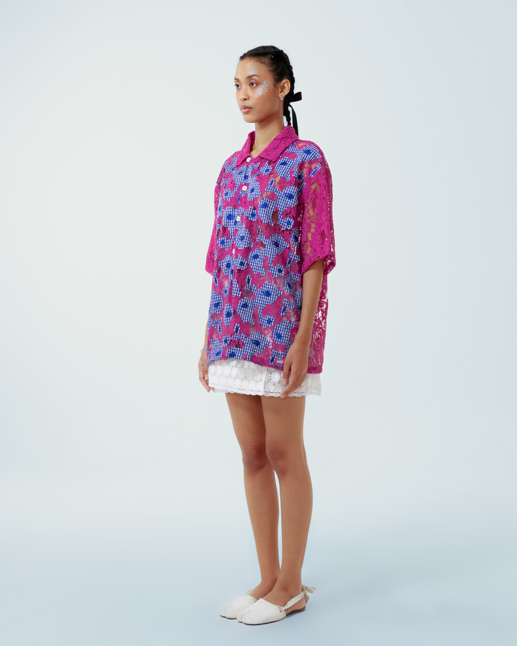 Image of Bonita Shirt, crafted from a vibrant deadstock cotton with intrecate embroidered lace 