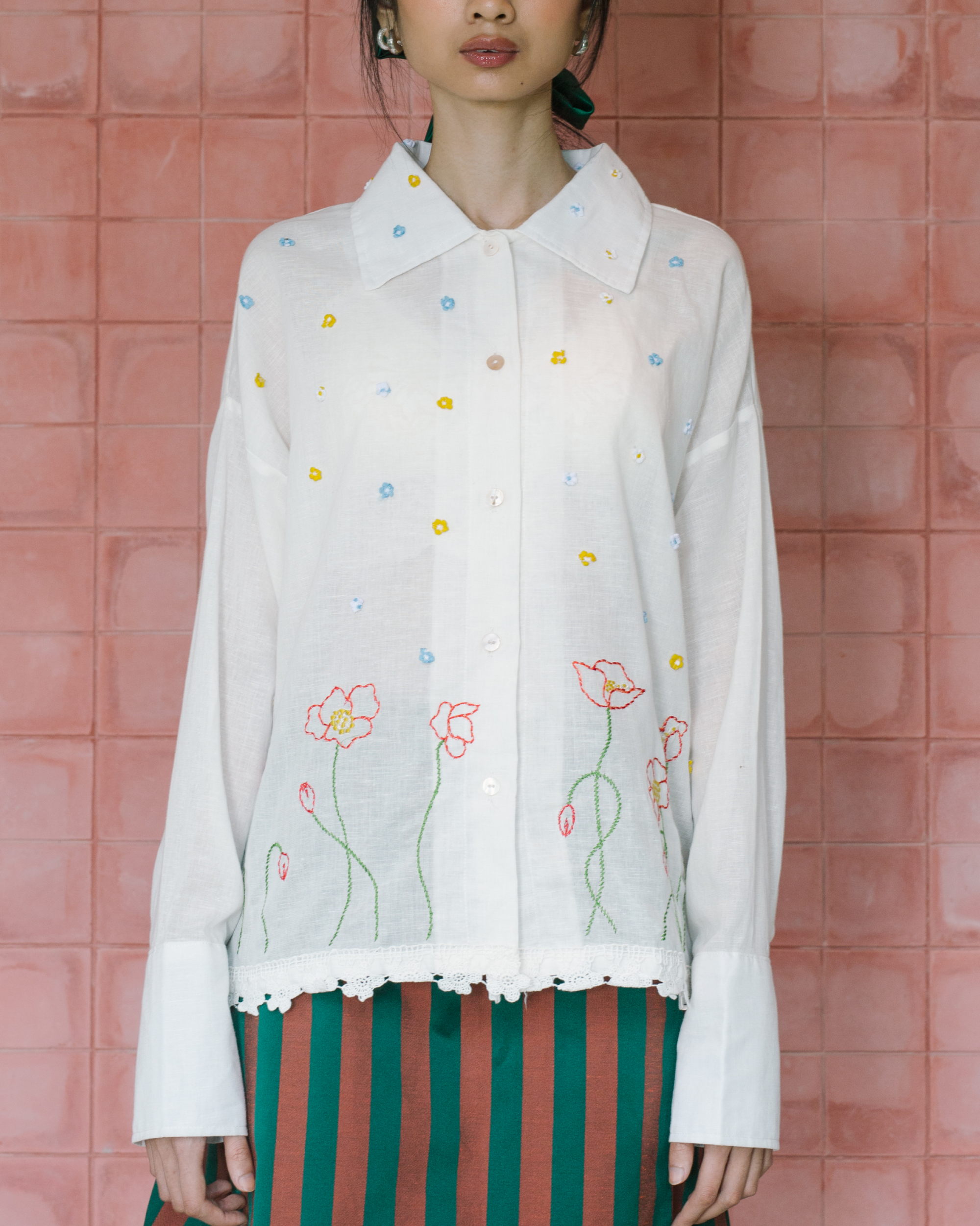 Image of Carrie Embroidery Longsleeve Shirt, crafted from embroidered deadstock linen