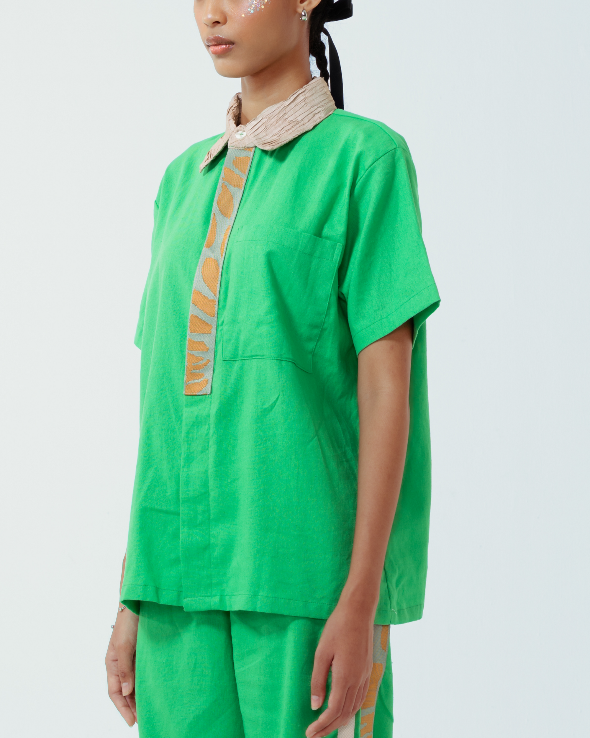 Image of Chico Shirt Green, Crafted from a green deadstock linen