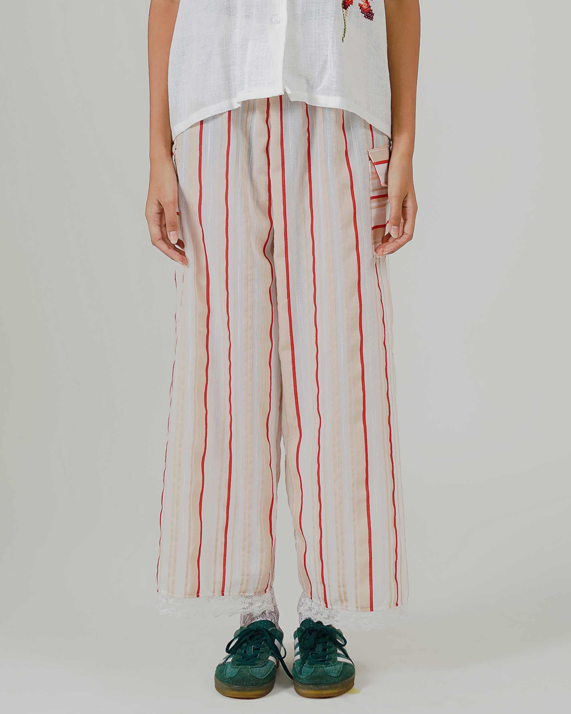 Image of Gaia Stripes Pants, a stripes linen wide-leg pants featuring pockets and elastic waistband.