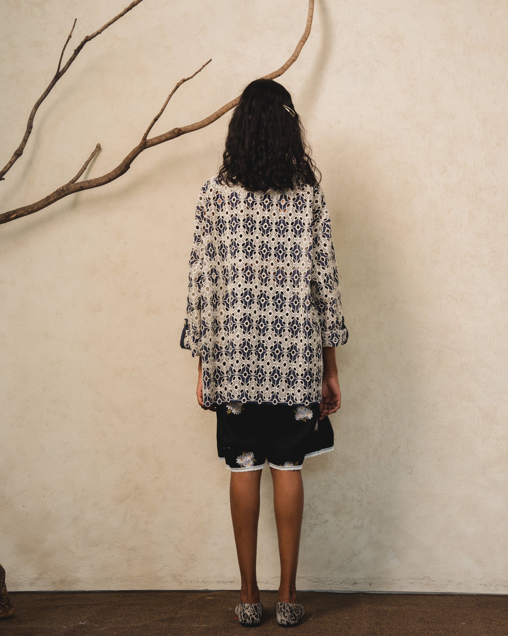 Image of Getto Embroidery Jacket, an oversized jacket made from embroidered cotton lace. 