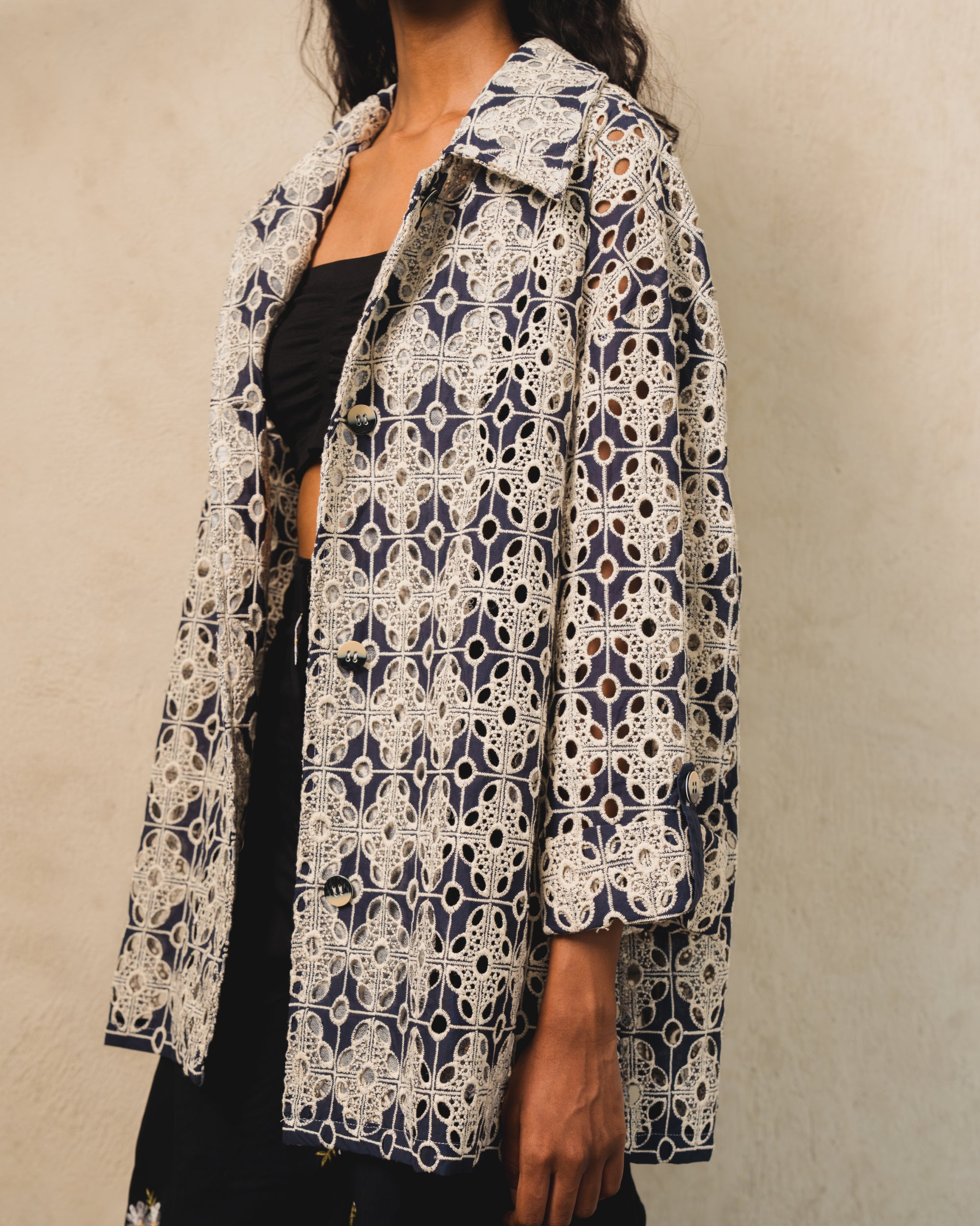 Image of Getto Embroidery Jacket, an oversized jacket made from embroidered cotton lace. 