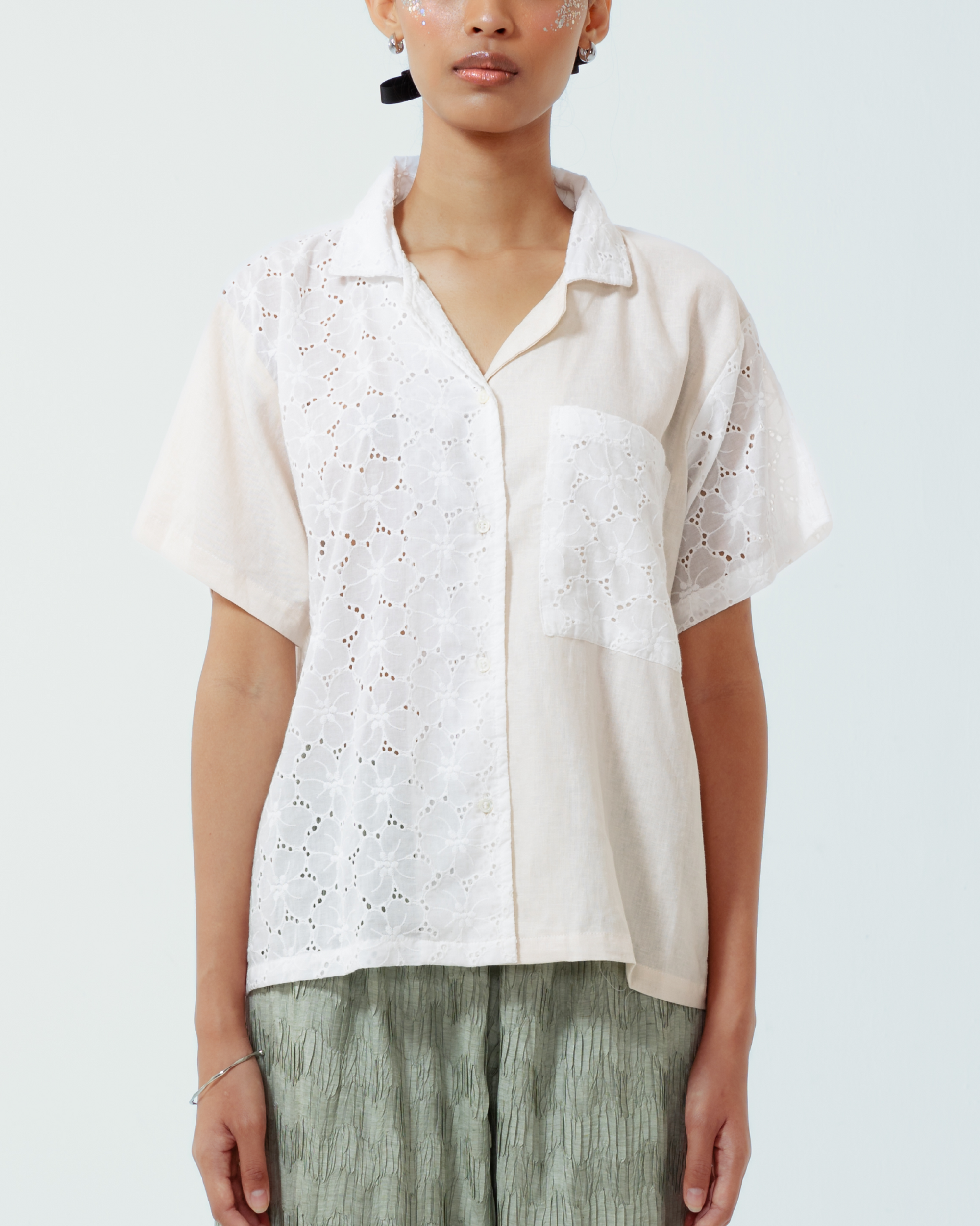 Image of Isla Shirt, crafted from a blend of cotton lace and deadstock linen. 