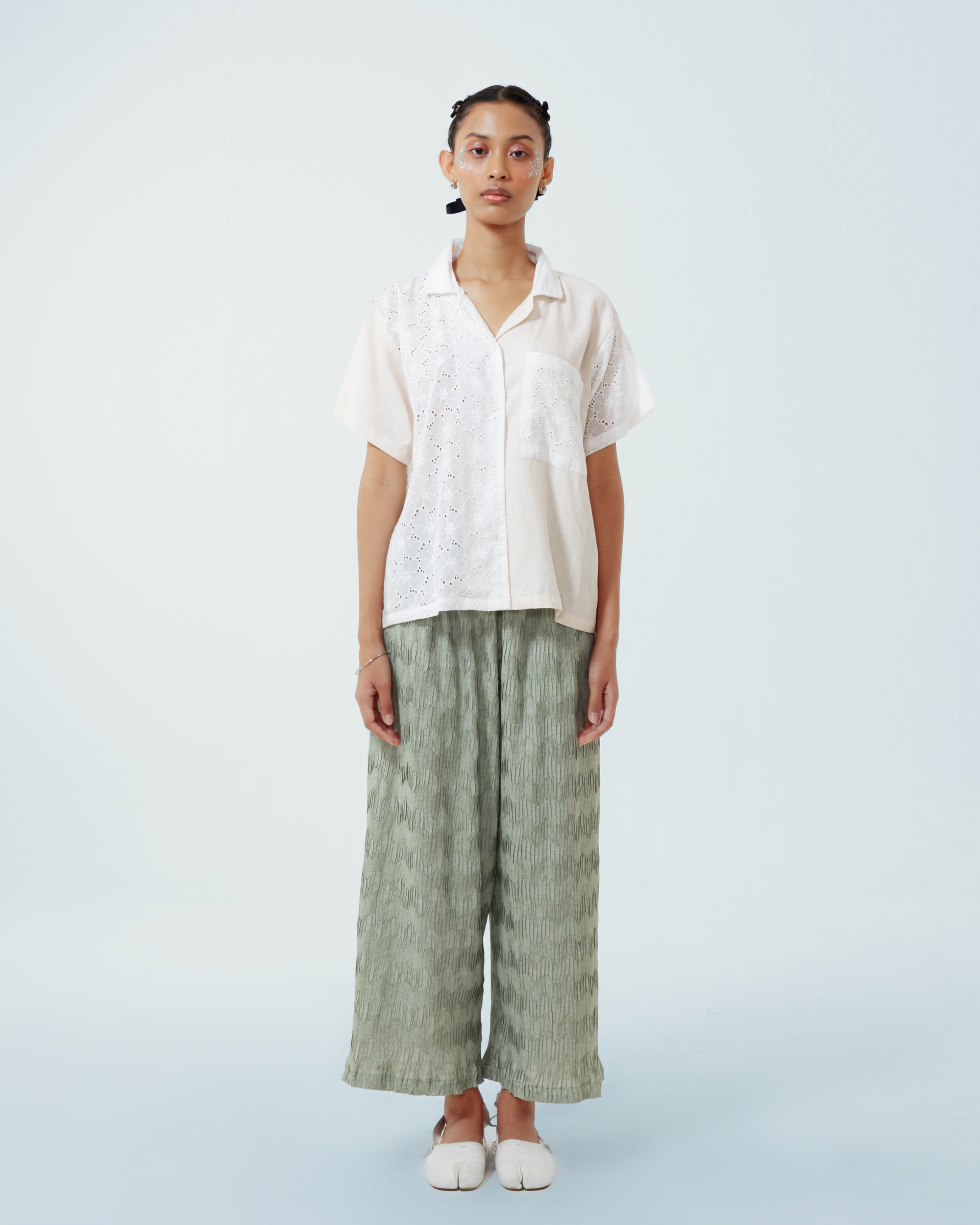 Image of Isla Shirt, crafted from a blend of cotton lace and deadstock linen. 