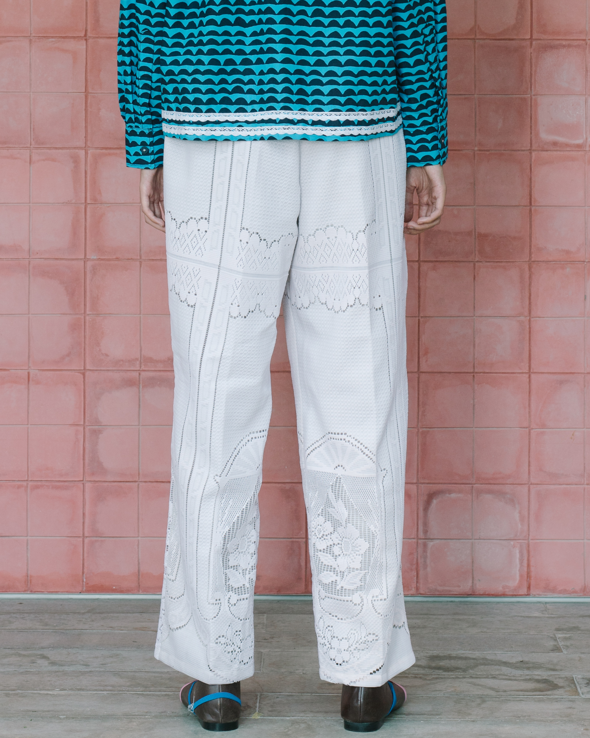 Image of Jacey Lace Pants, a classic statement piece pants made from vintage tablecloth fabric.