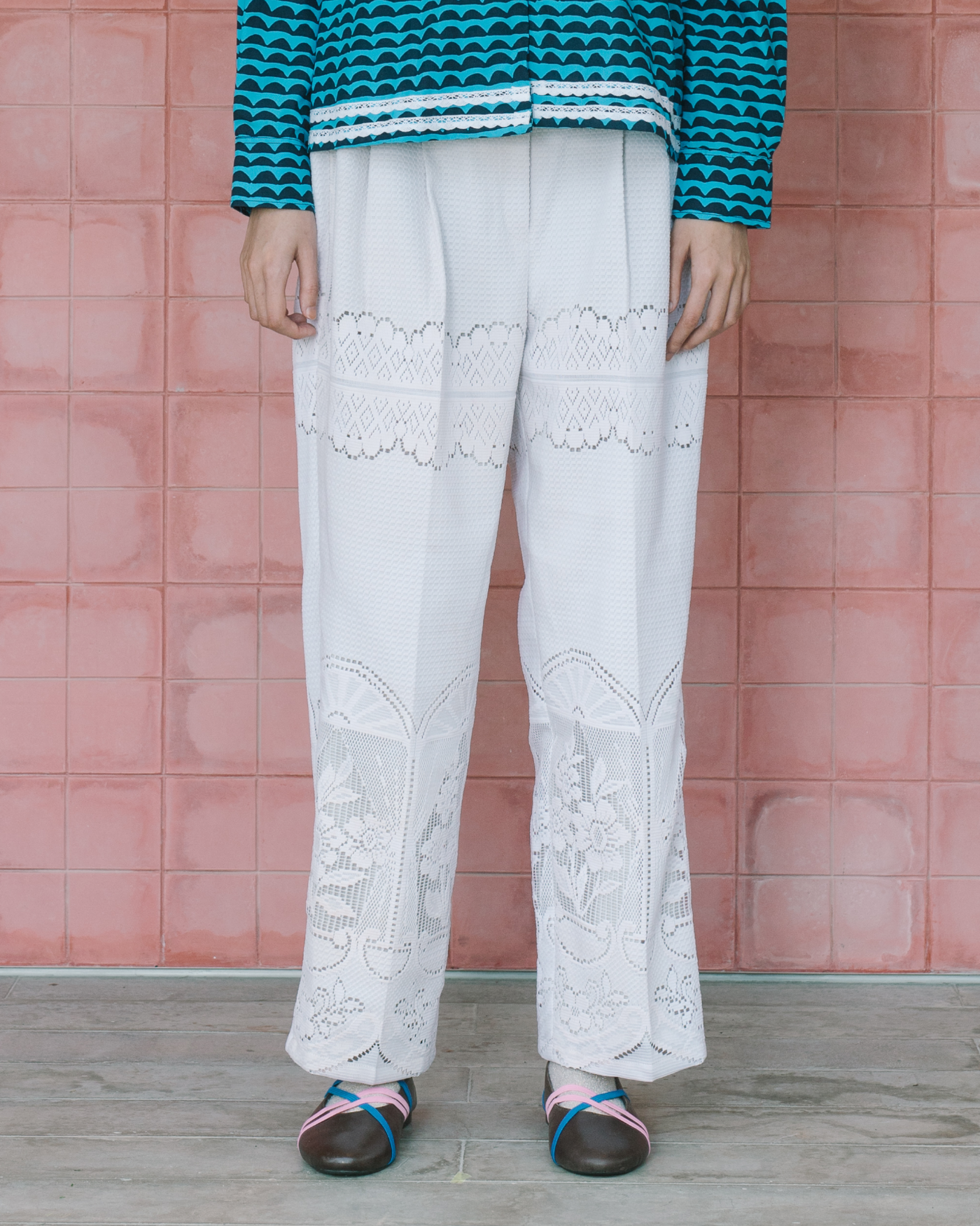 Image of Jacey Lace Pants, a classic statement piece pants made from vintage tablecloth fabric.