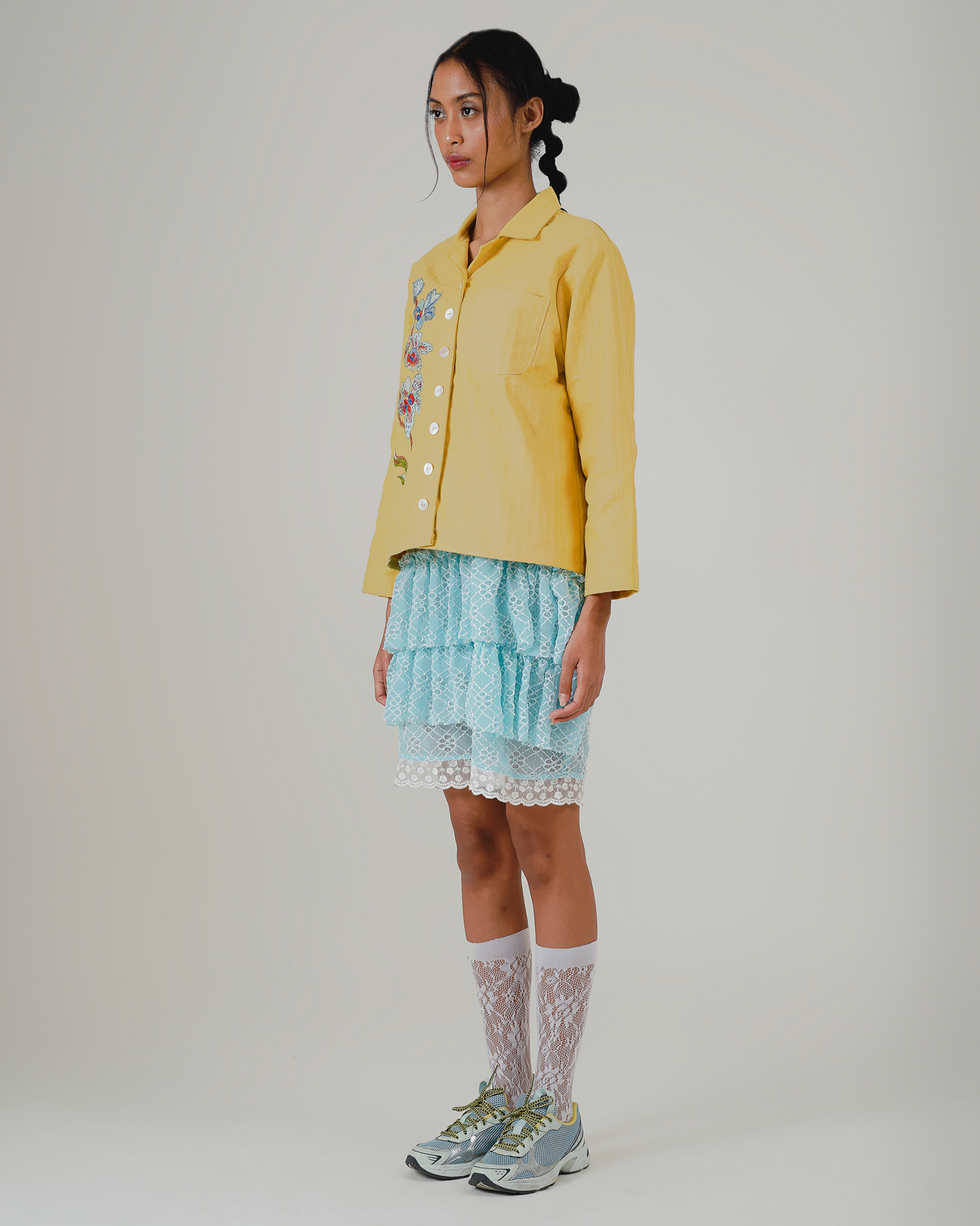 Image of Kintani Embroidery Jacket Yellow, a structured jacket made from linen twill, adorned with elegant flower embroidery.