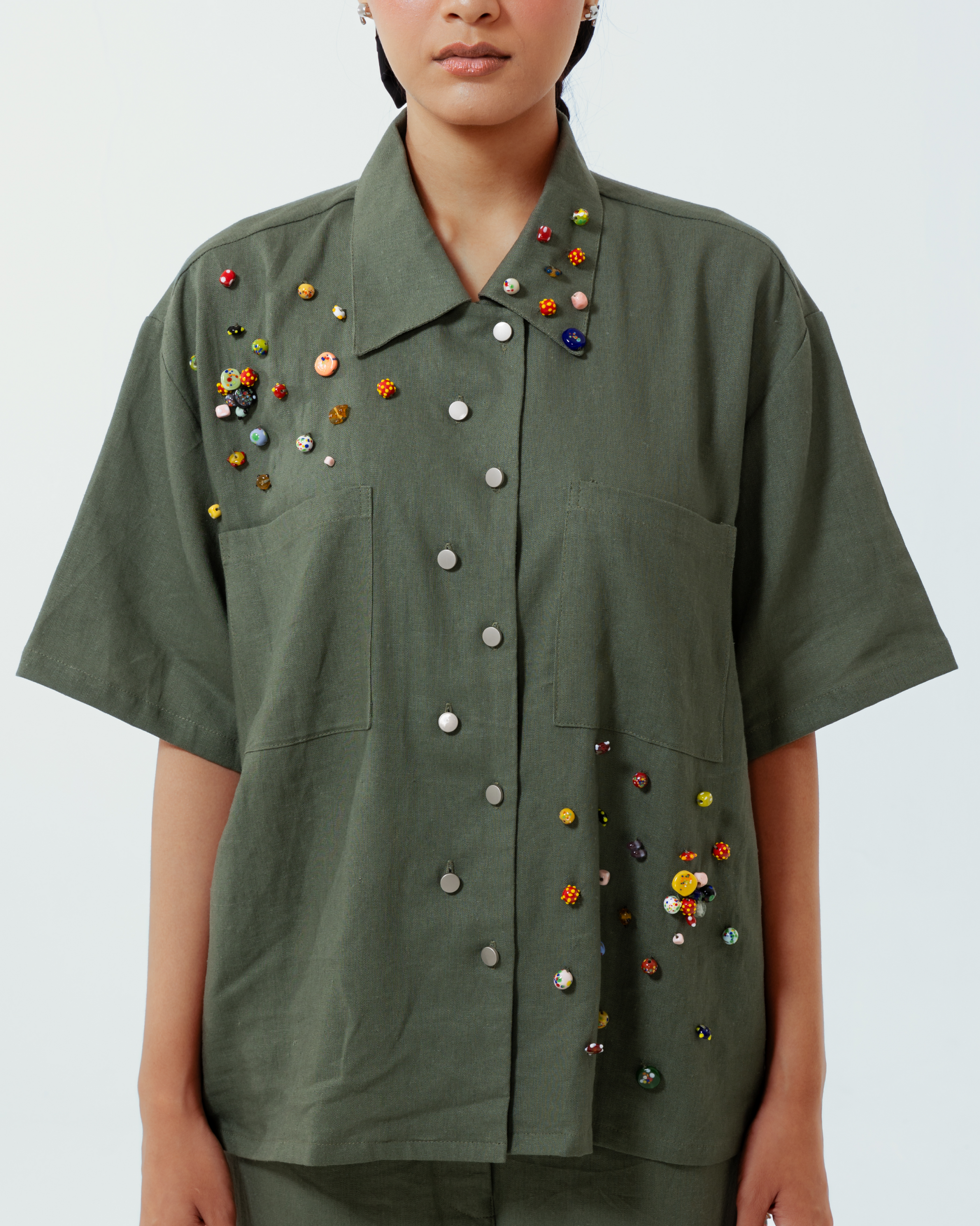 Image of Leon Shirt, crafted from deadstock linen with hand-sewn recycled beads