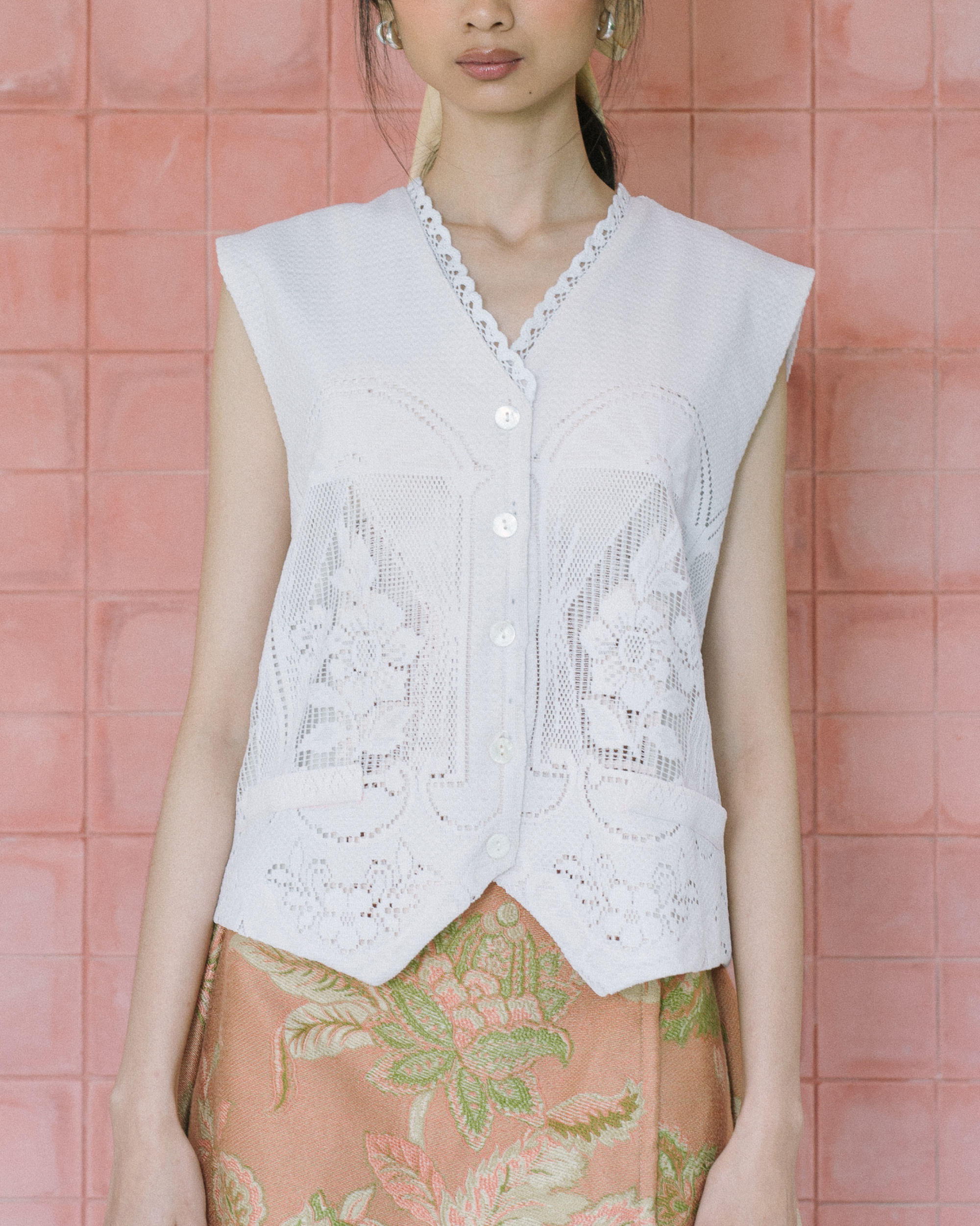 Image of Maria Lace Vest, a classic silhouette vest made with from vintage tablecloth.