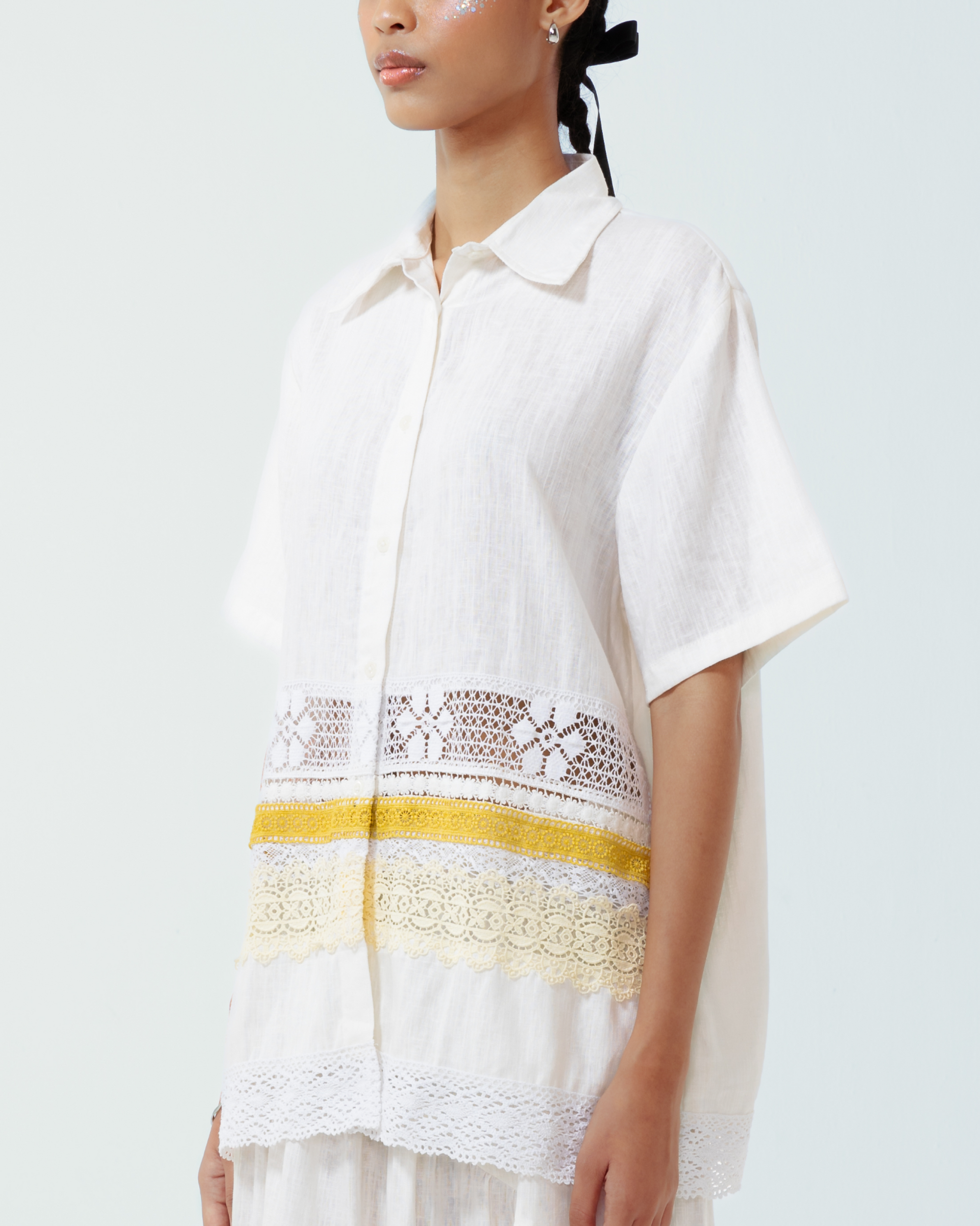 Image of Marisol Shirt Creme, crafted from a blend of cotton lace and deadstock linen. 