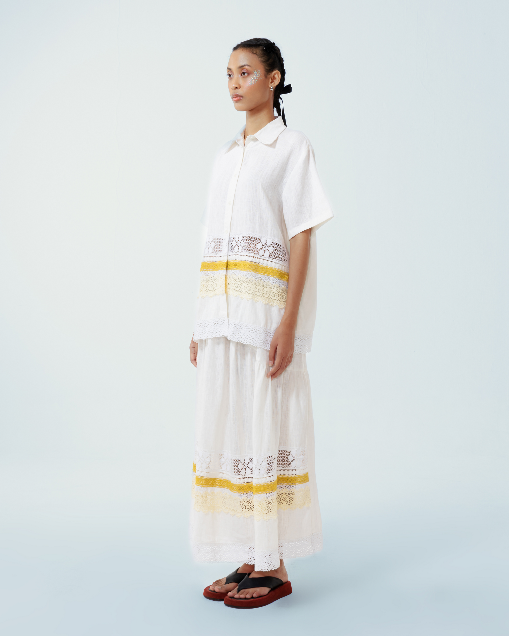 Image of Marisol Shirt Creme, crafted from a blend of cotton lace and deadstock linen. 